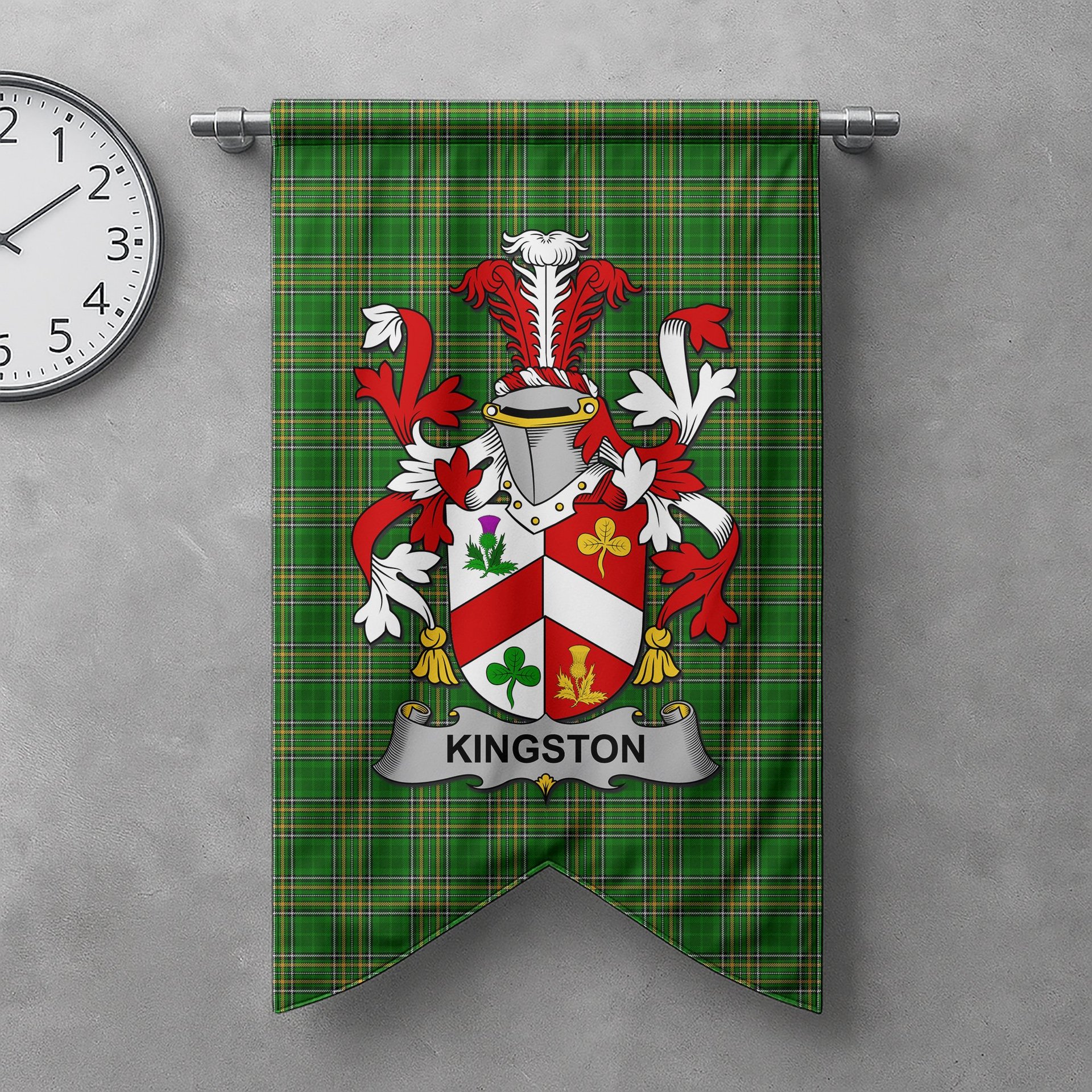 ScotsTee Shop Irish Kingston Clan Coat of Arms Irish Tartan Gonfalon Flag