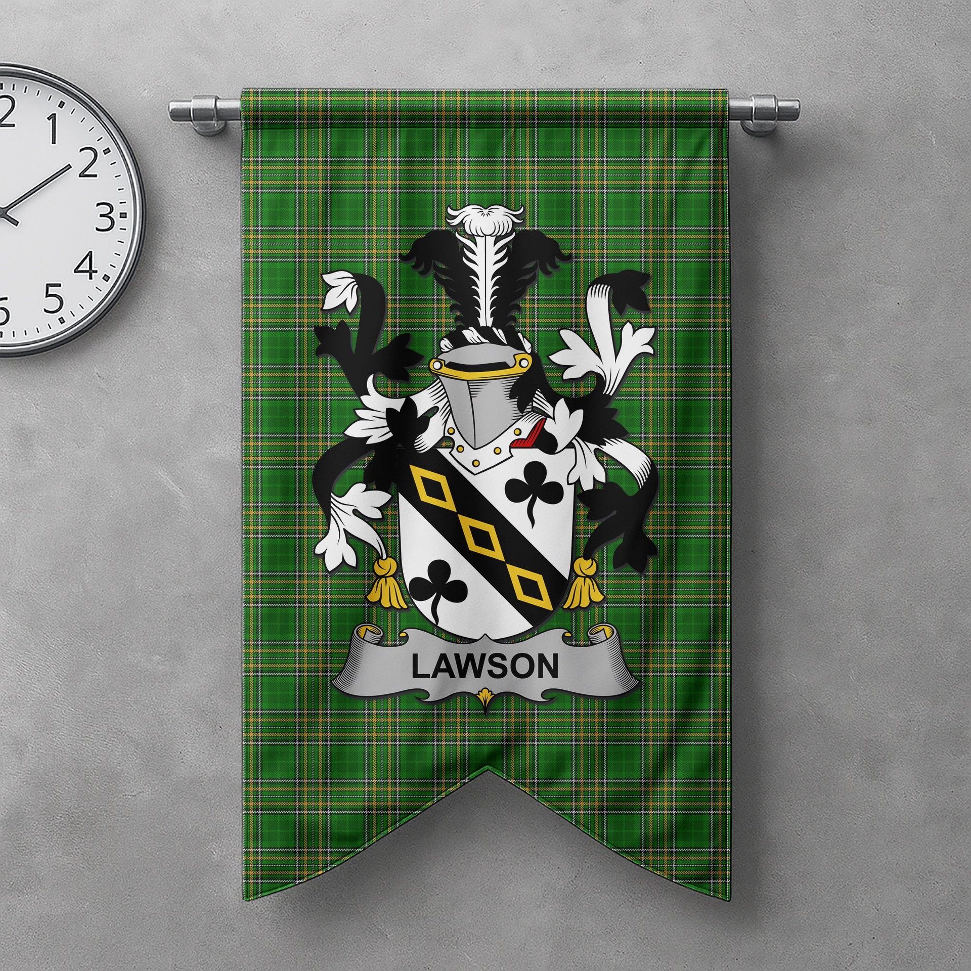 ScotsTee Shop Irish Lawson Clan Coat of Arms Irish Tartan Gonfalon Flag