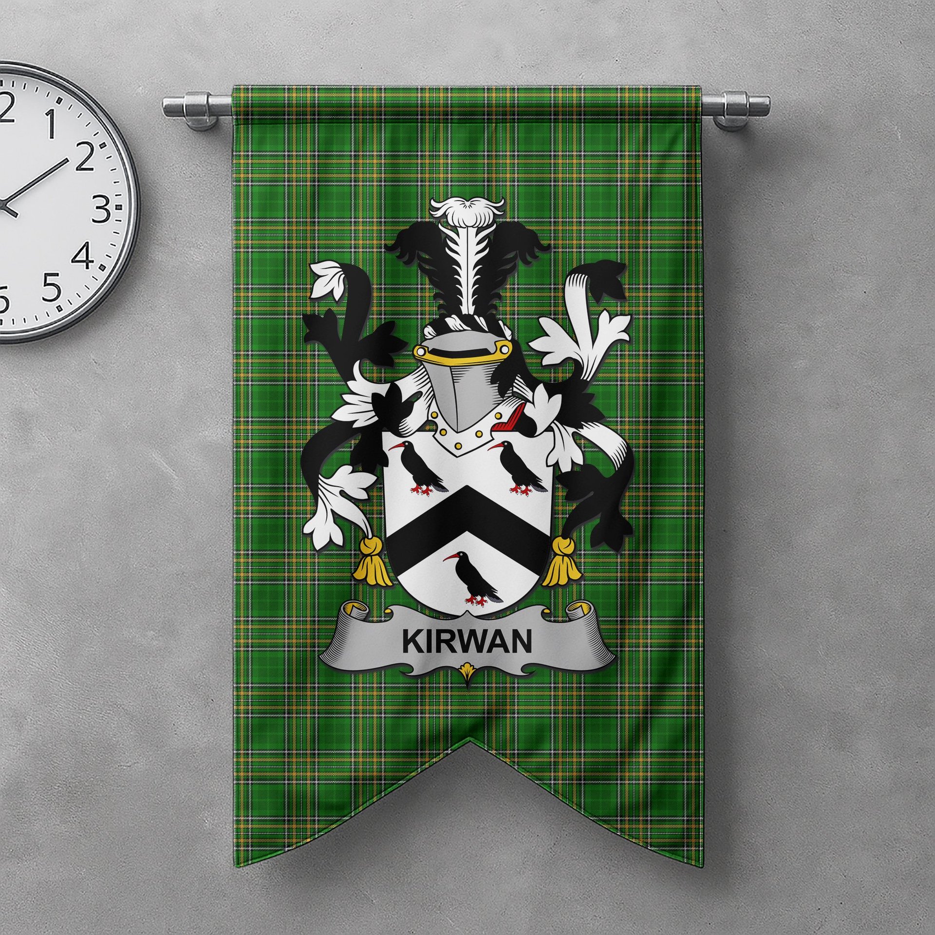 ScotsTee Shop Irish Kirwan or O'Kerwin Clan Coat of Arms Irish Tartan Gonfalon Flag