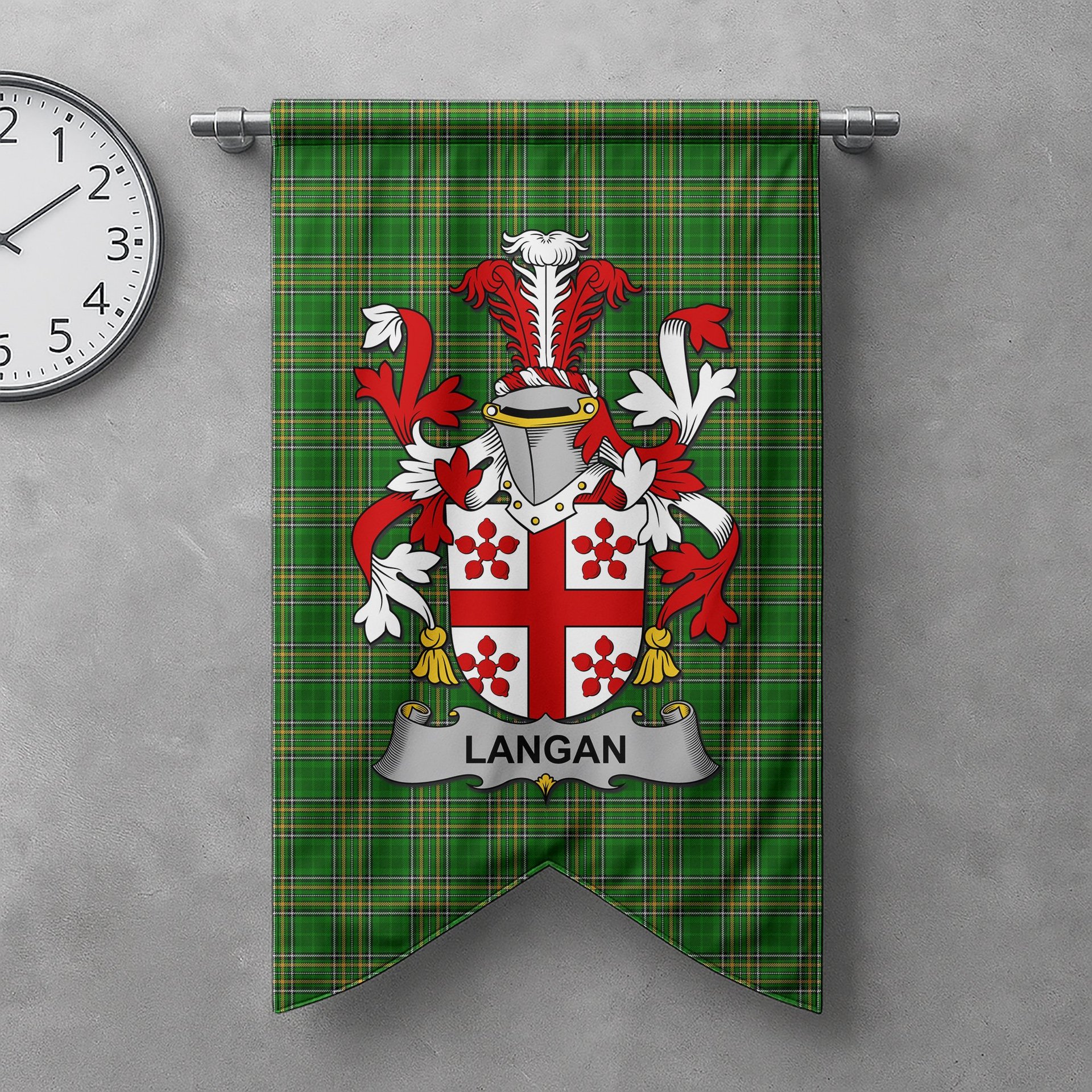 ScotsTee Shop Irish Langan or O'Longan Clan Coat of Arms Irish Tartan Gonfalon Flag