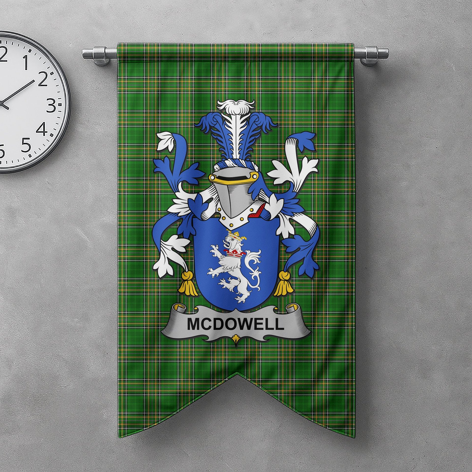 ScotsTee Shop Irish McDowell Clan Coat of Arms Irish Tartan Gonfalon Flag