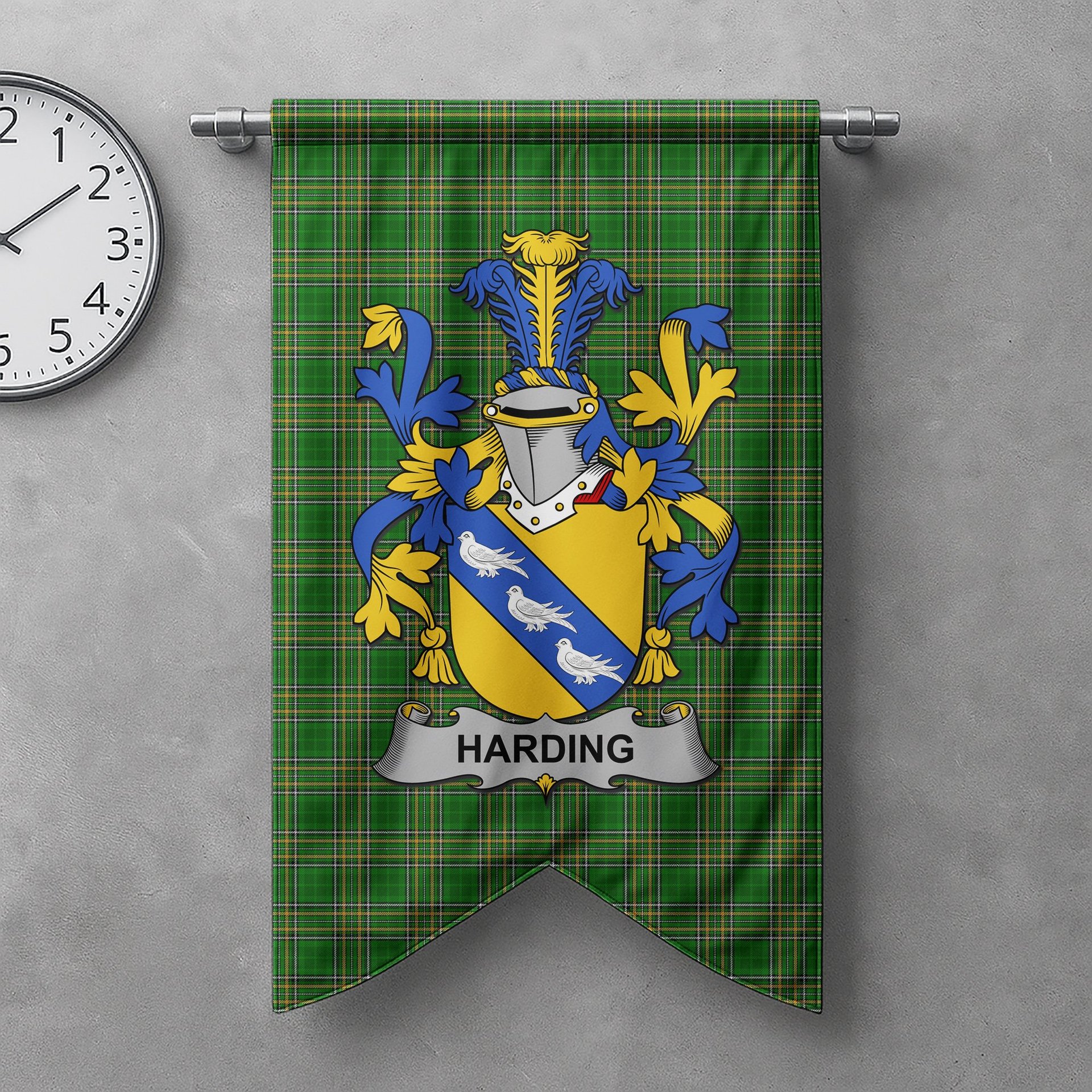 ScotsTee Shop Irish Harding Clan Coat of Arms Irish Tartan Gonfalon Flag