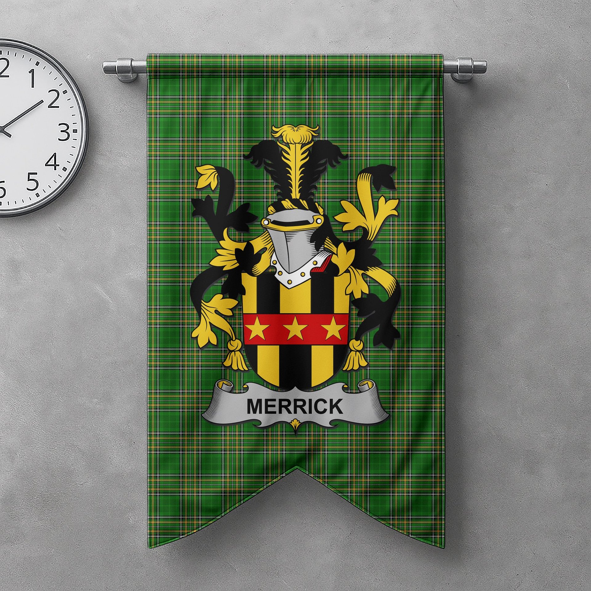 ScotsTee Shop Irish Merrick or Meyrick Clan Coat of Arms Irish Tartan Gonfalon Flag