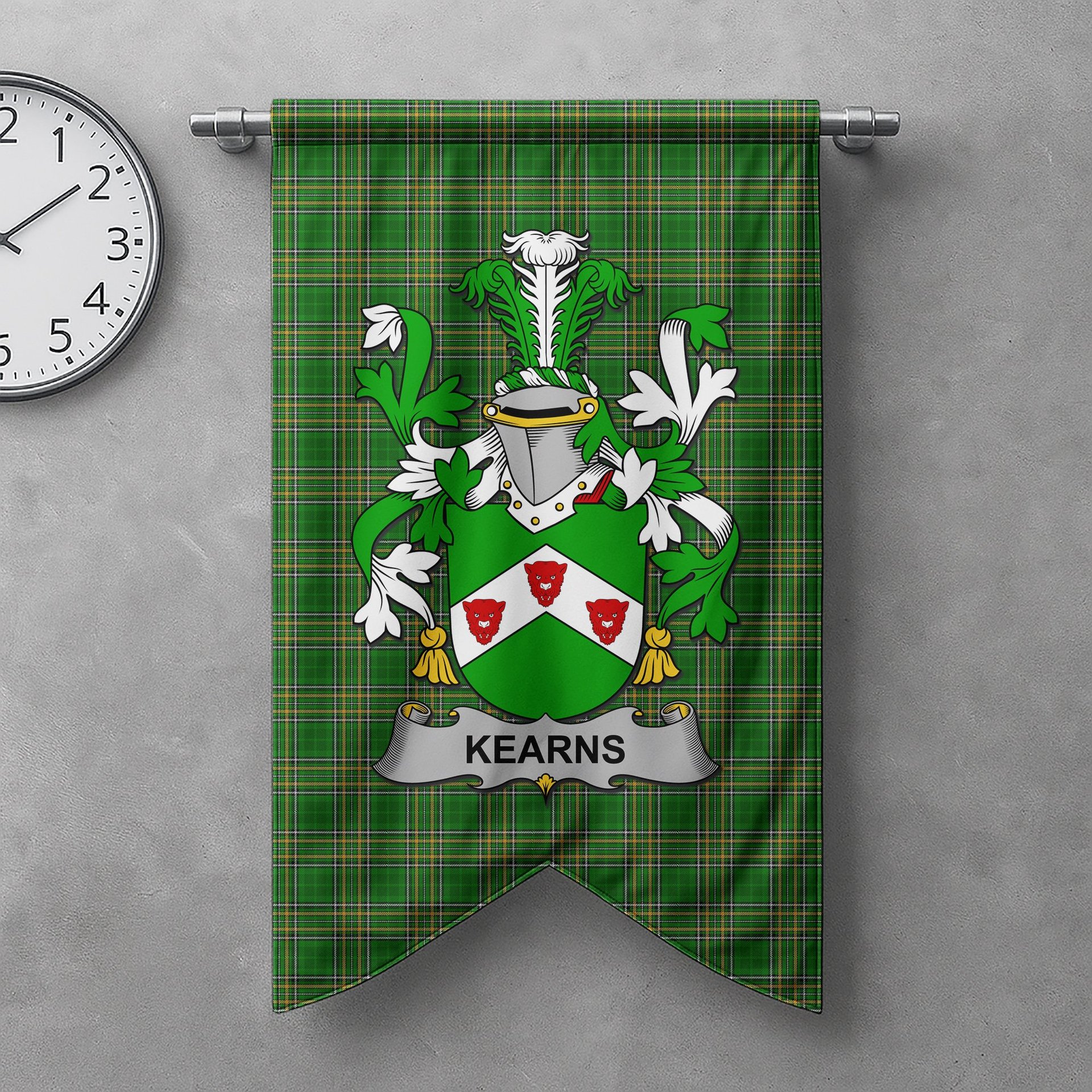 ScotsTee Shop Irish Kearns or O'Kearon Clan Coat of Arms Irish Tartan Gonfalon Flag