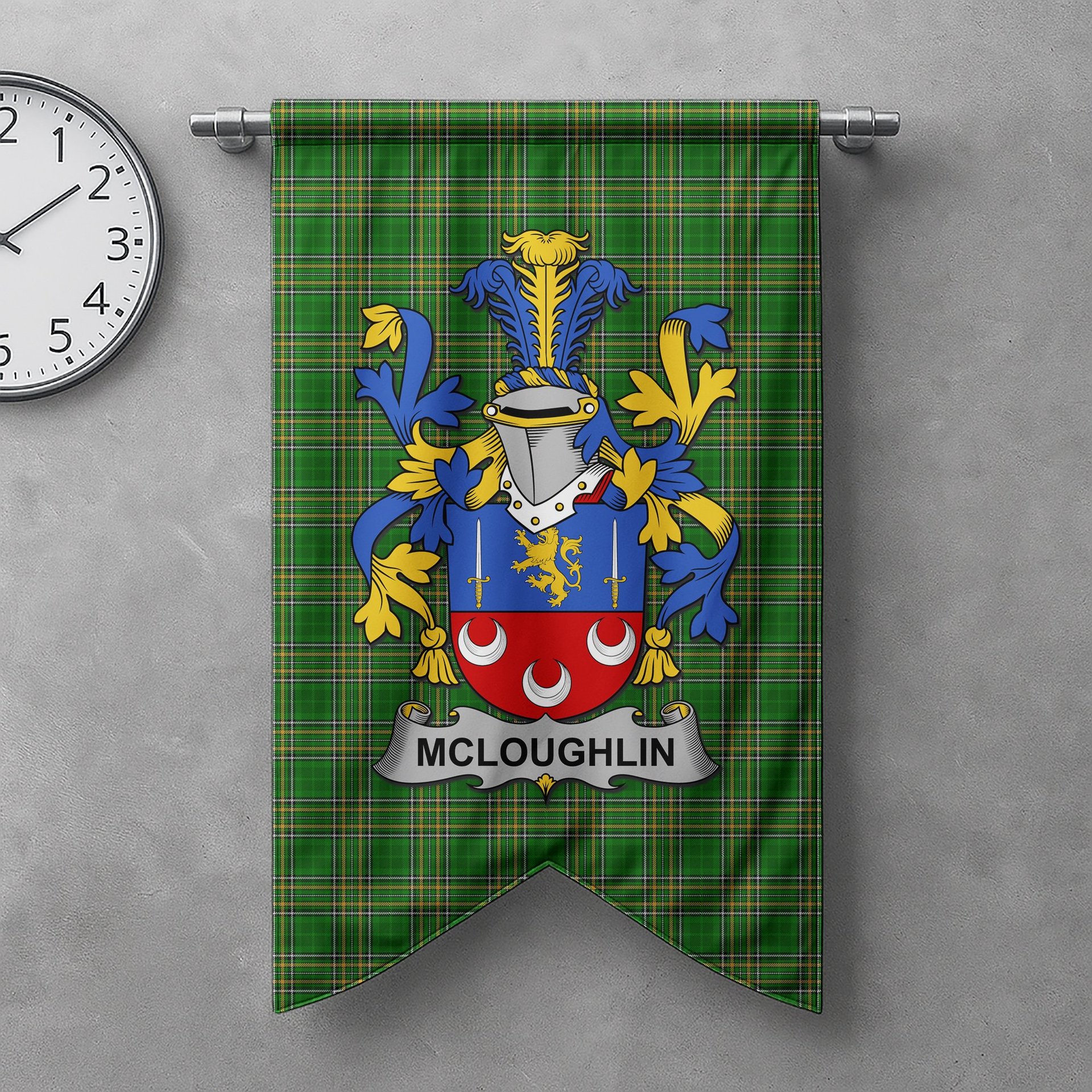 ScotsTee Shop Irish McLoughlin or Loughlin Clan Coat of Arms Irish Tartan Gonfalon Flag