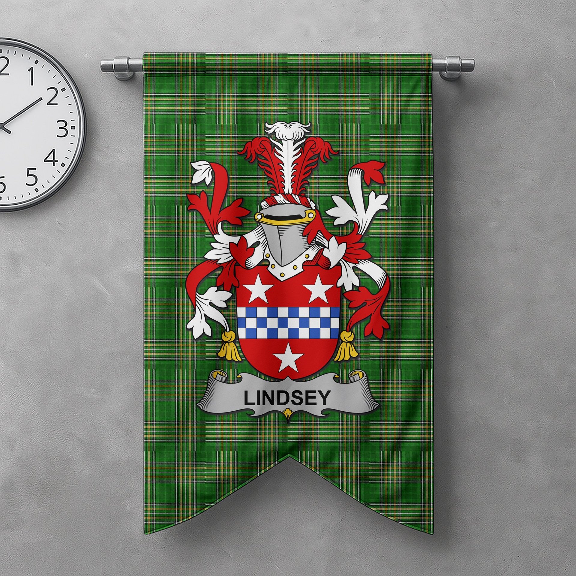ScotsTee Shop Irish Lindsey Clan Coat of Arms Irish Tartan Gonfalon Flag