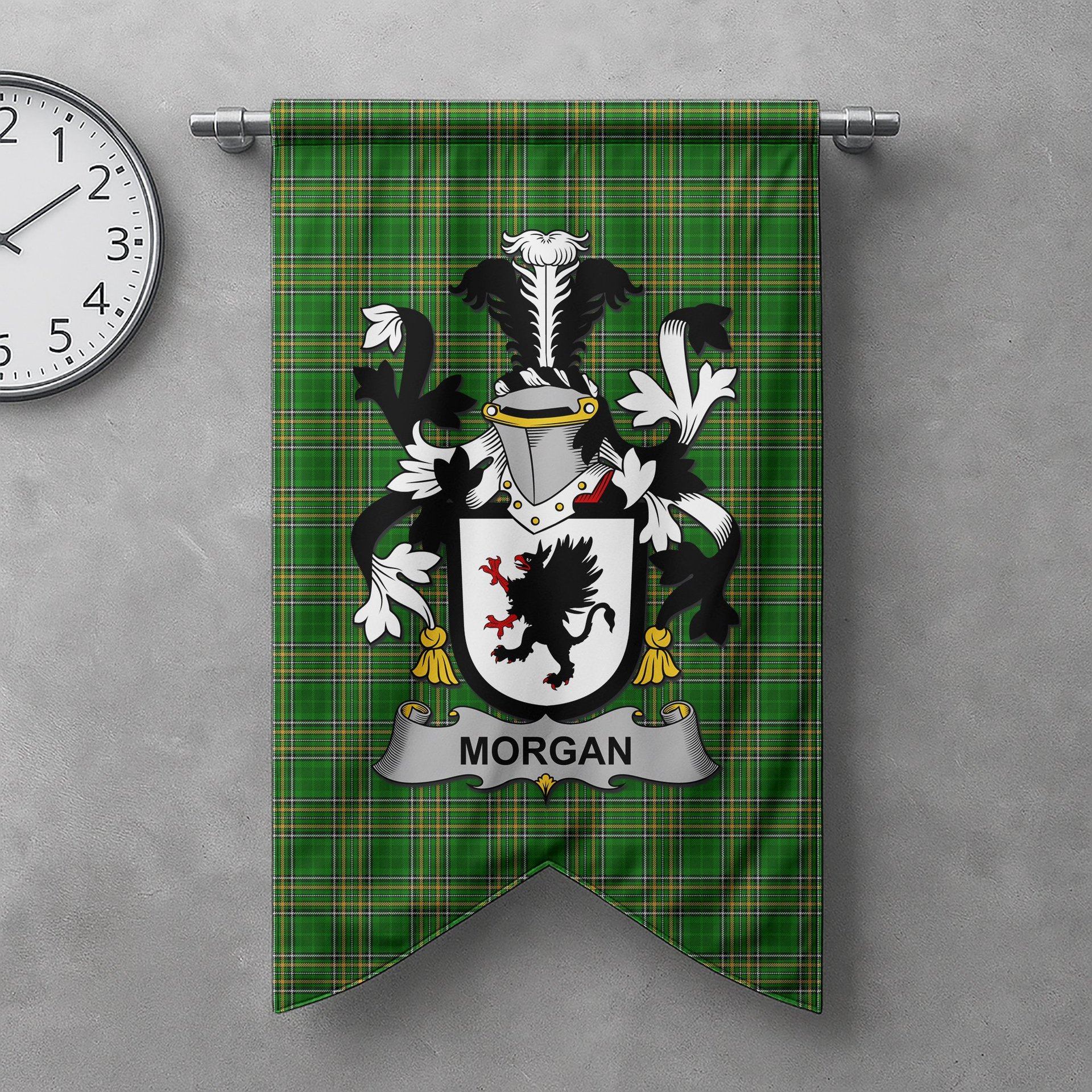 ScotsTee Shop Irish Morgan Clan Coat of Arms Irish Tartan Gonfalon Flag