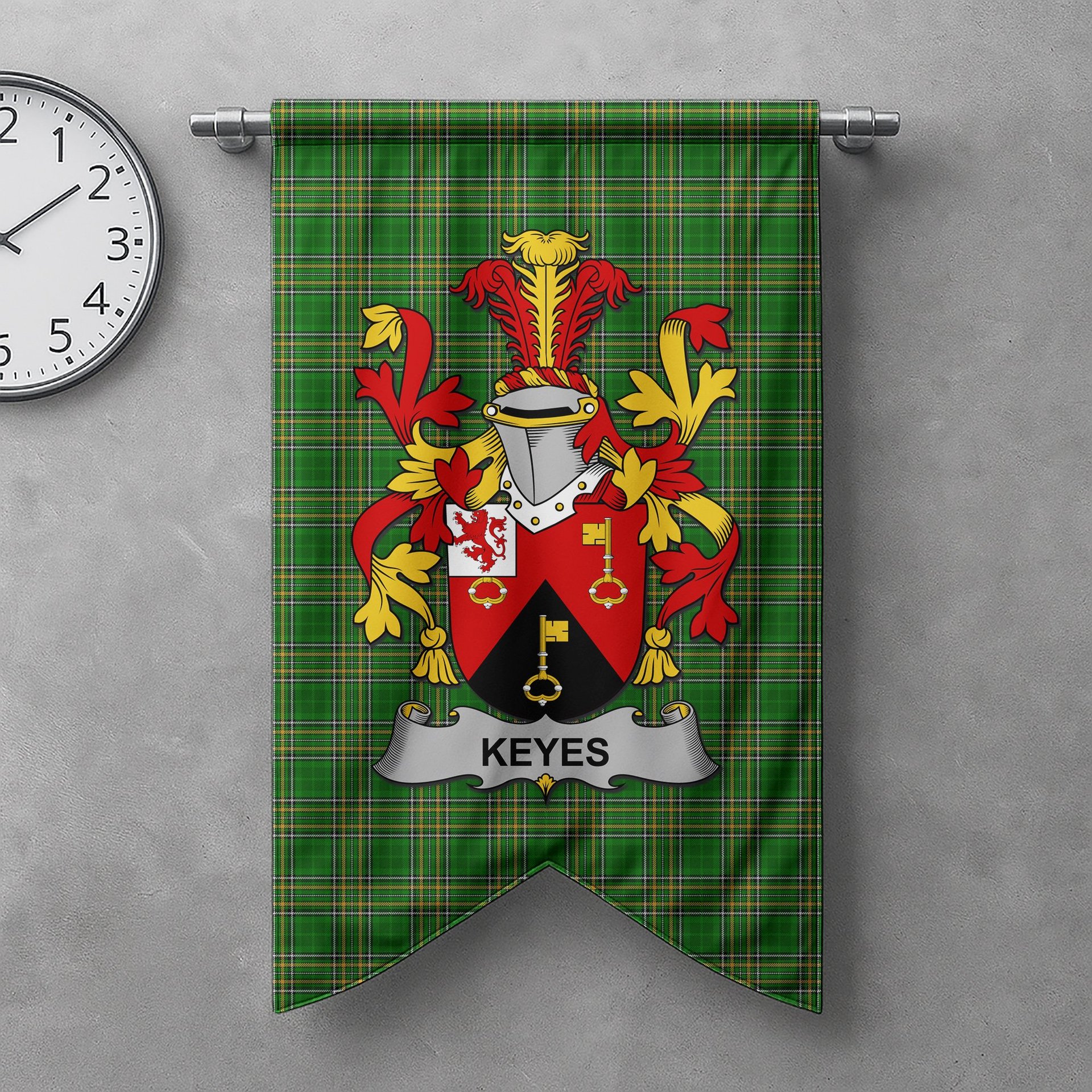 ScotsTee Shop Irish Keyes Clan Coat of Arms Irish Tartan Gonfalon Flag