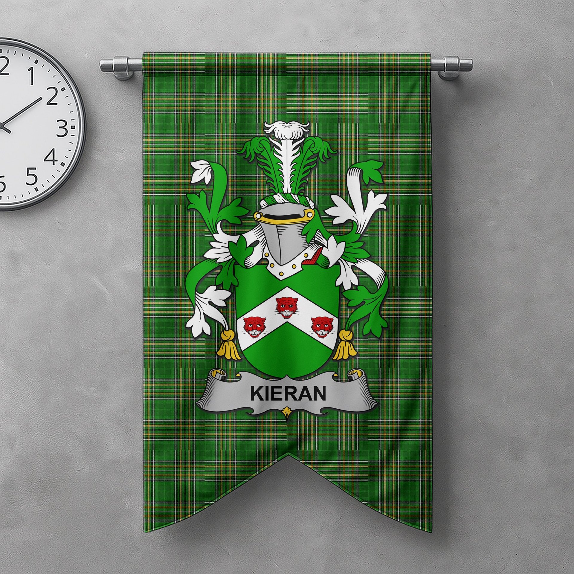 ScotsTee Shop Irish Kieran or O'Kieran Clan Coat of Arms Irish Tartan Gonfalon Flag