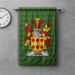 ScotsTee Shop Irish Lavin or O'Lavin Clan Coat of Arms Irish Tartan Gonfalon Flag