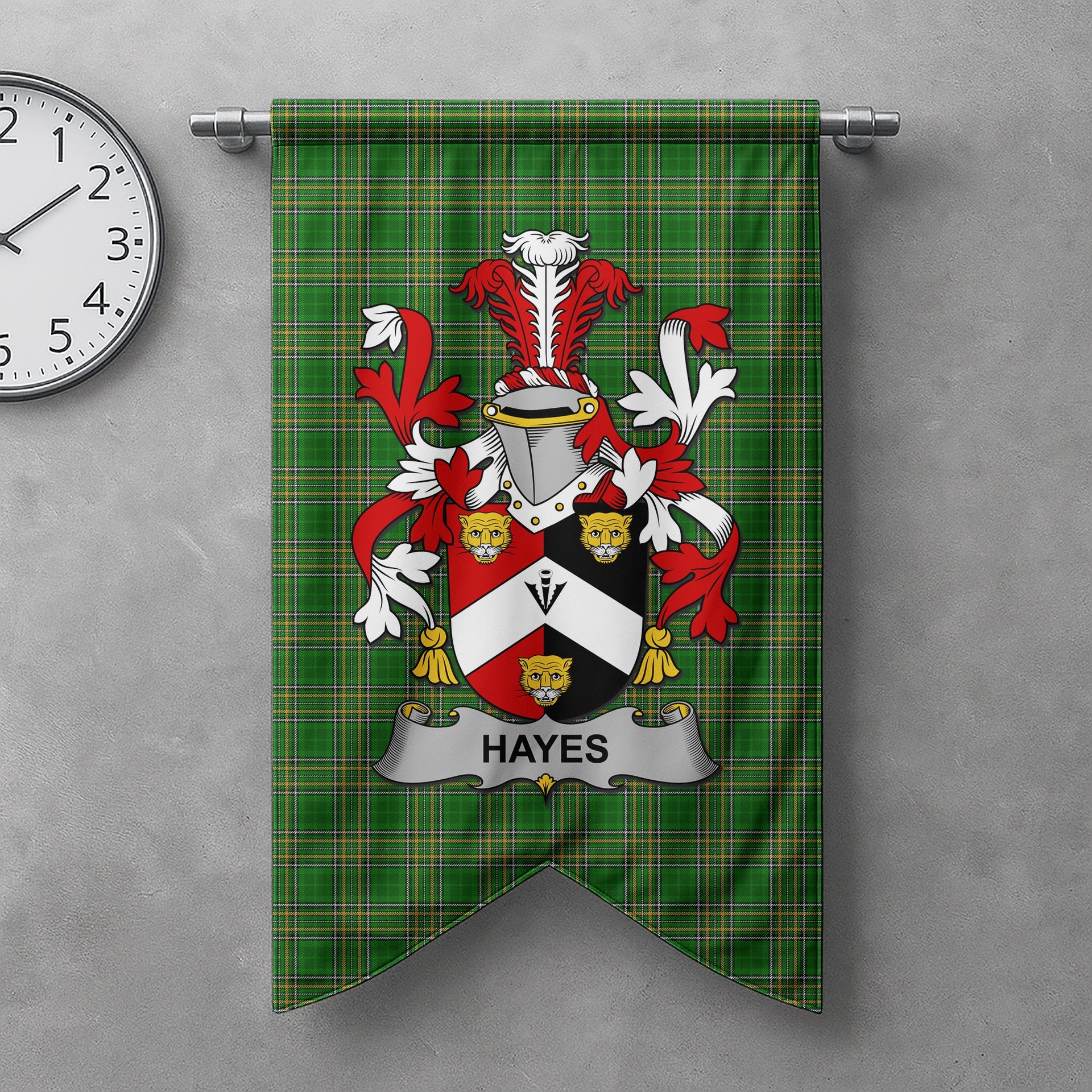 ScotsTee Shop Irish Hayes Clan Coat of Arms Irish Tartan Gonfalon Flag