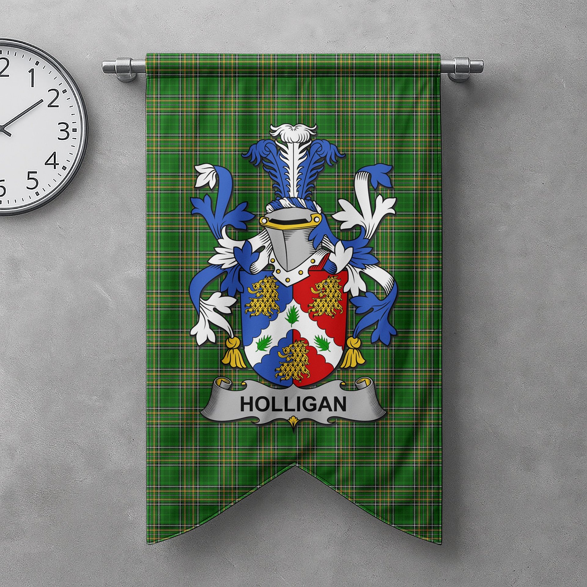 ScotsTee Shop Irish Holligan or O'Halligan Clan Coat of Arms Irish Tartan Gonfalon Flag