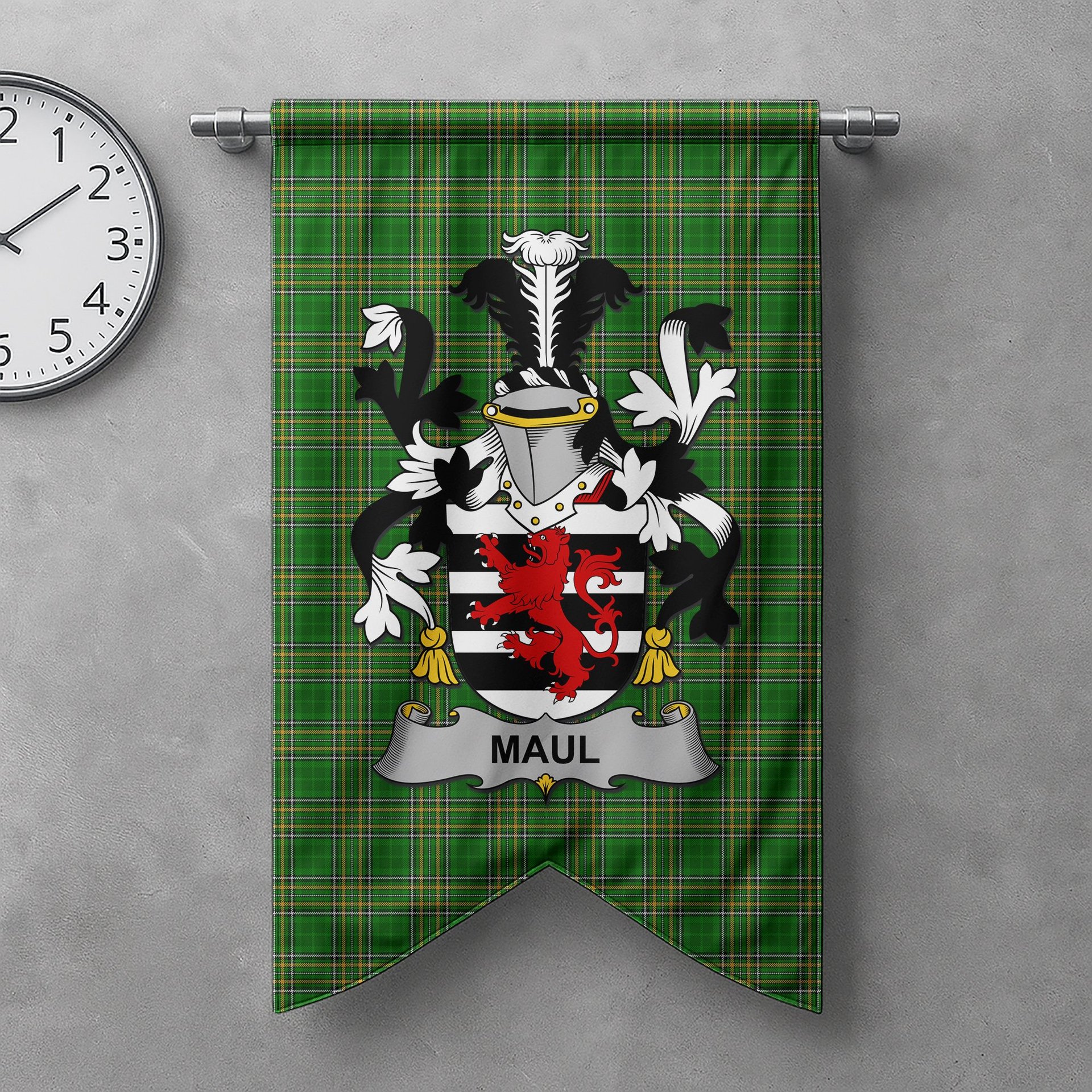 ScotsTee Shop Irish Maul or Maule Clan Coat of Arms Irish Tartan Gonfalon Flag