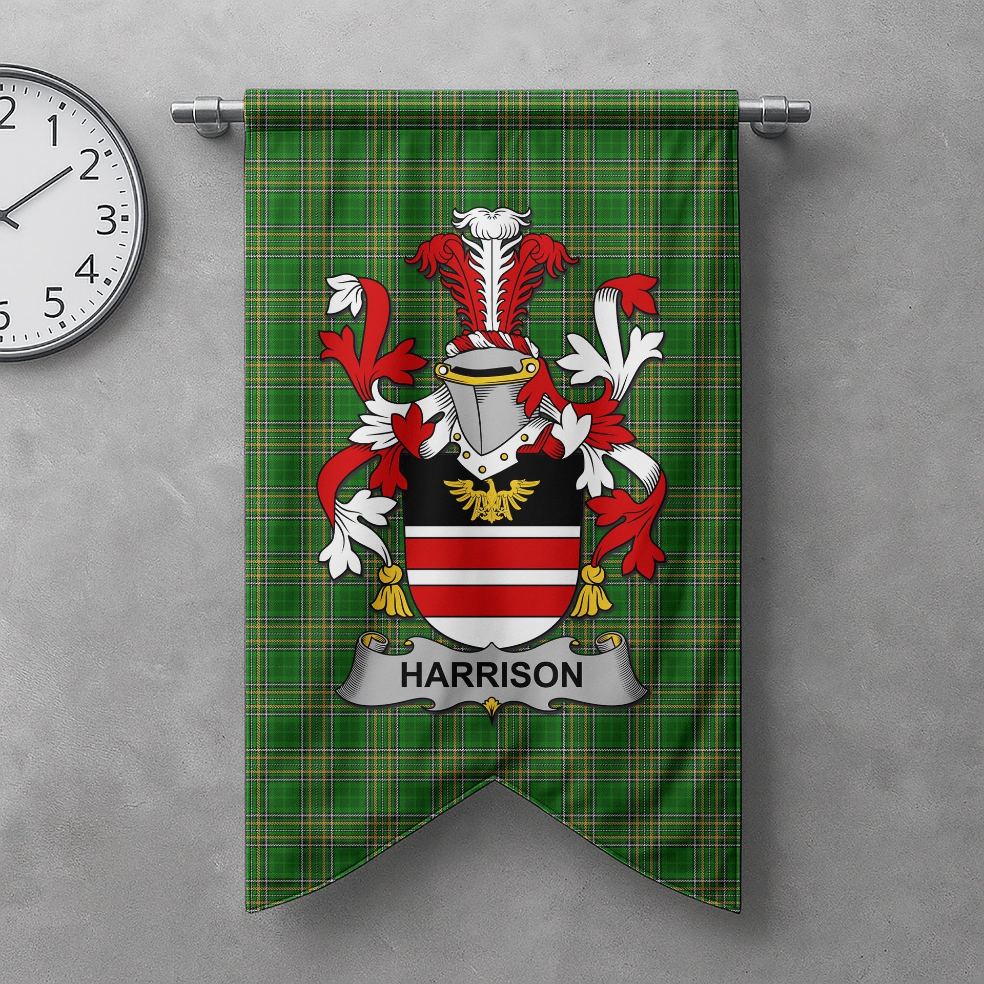 ScotsTee Shop Irish Harrison Clan Coat of Arms Irish Tartan Gonfalon Flag