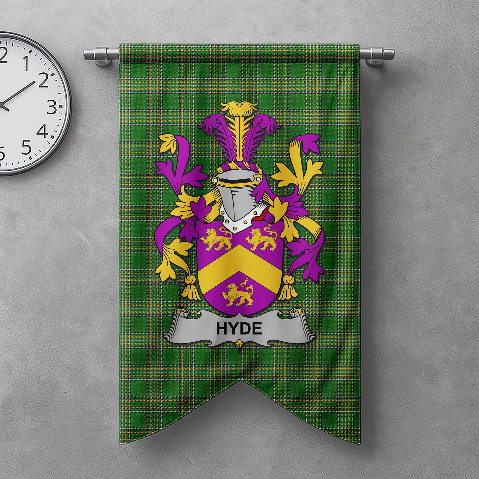 ScotsTee Shop Irish Hyde Clan Coat of Arms Irish Tartan Gonfalon Flag
