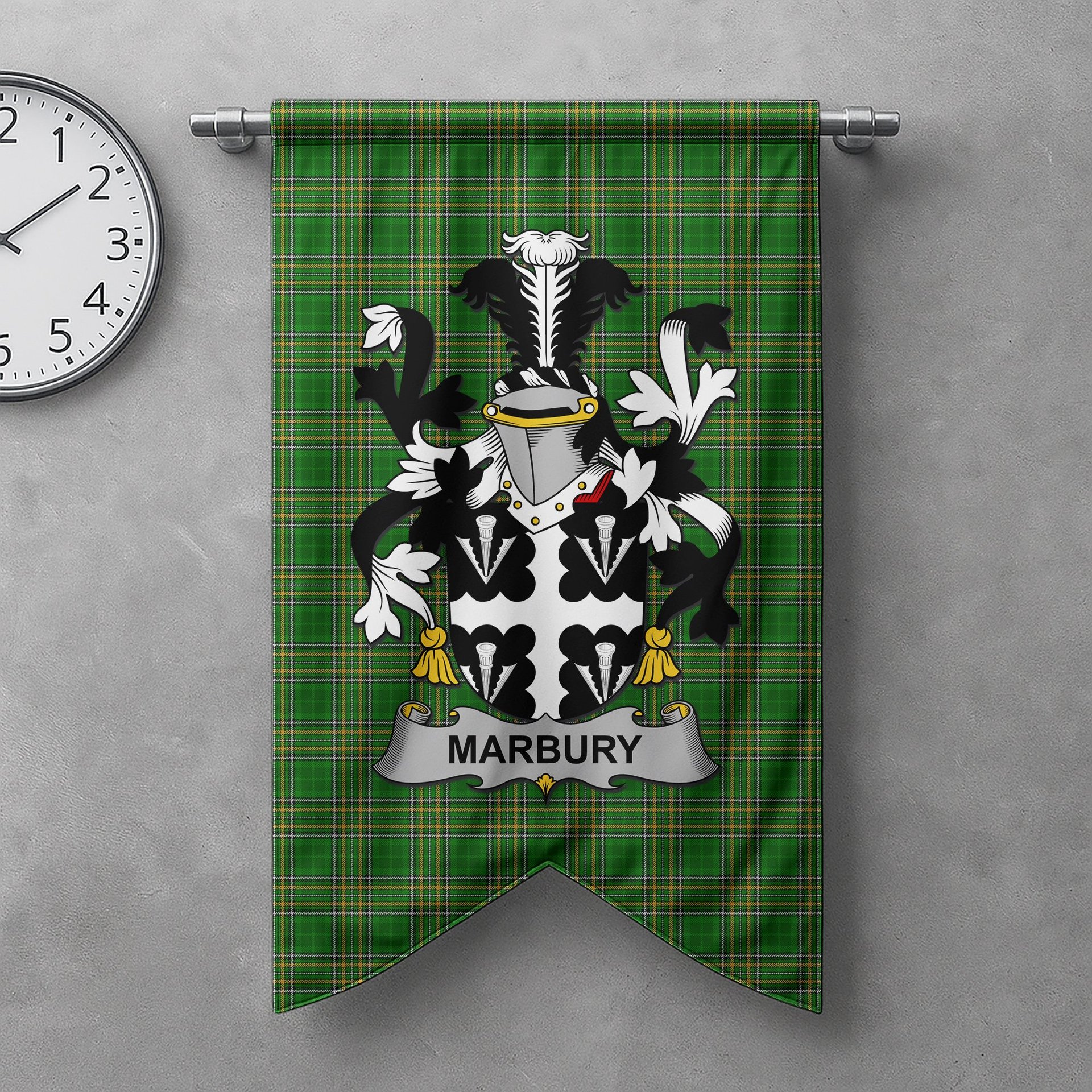 ScotsTee Shop Irish Marbury or Maybery Clan Coat of Arms Irish Tartan Gonfalon Flag