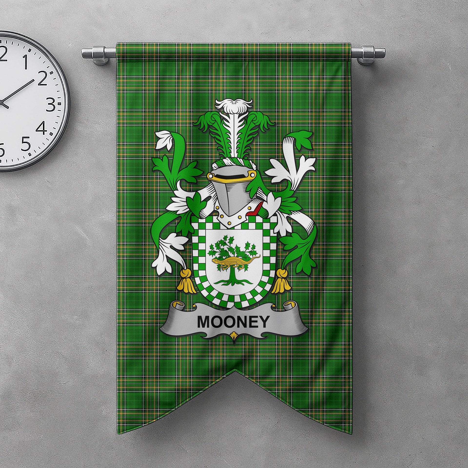 ScotsTee Shop Irish Mooney or O'Mooney Clan Coat of Arms Irish Tartan Gonfalon Flag