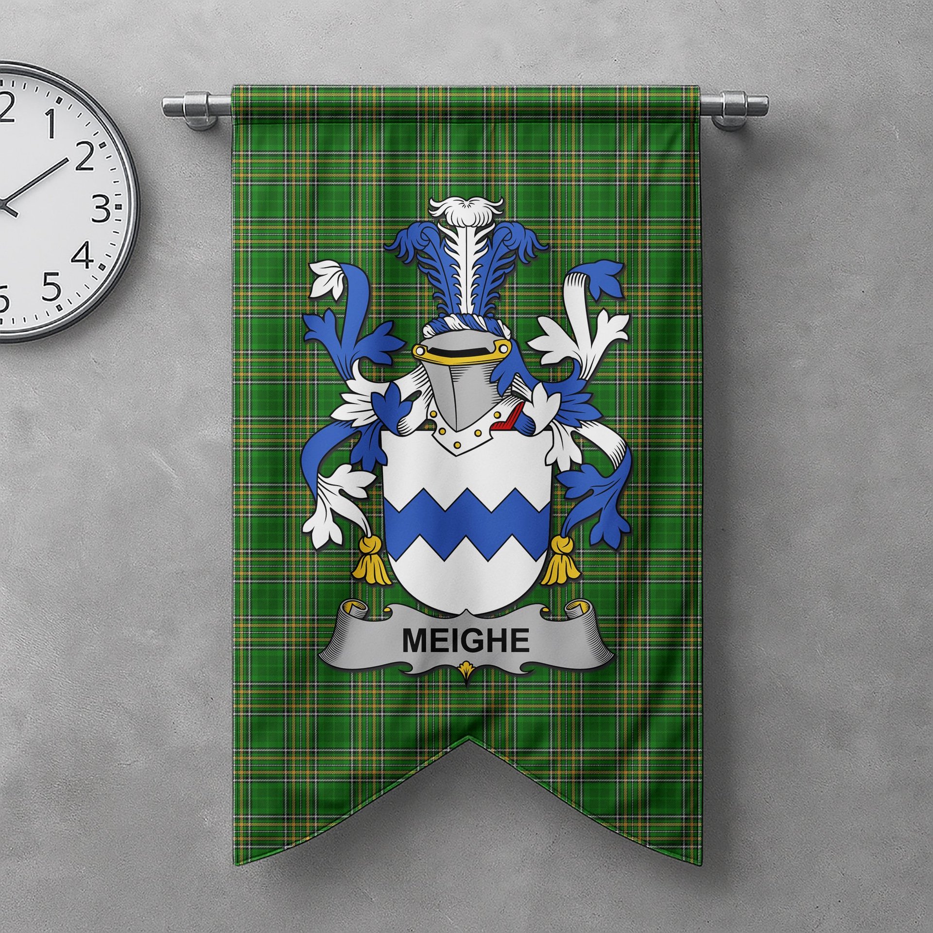 ScotsTee Shop Irish Meighe Clan Coat of Arms Irish Tartan Gonfalon Flag