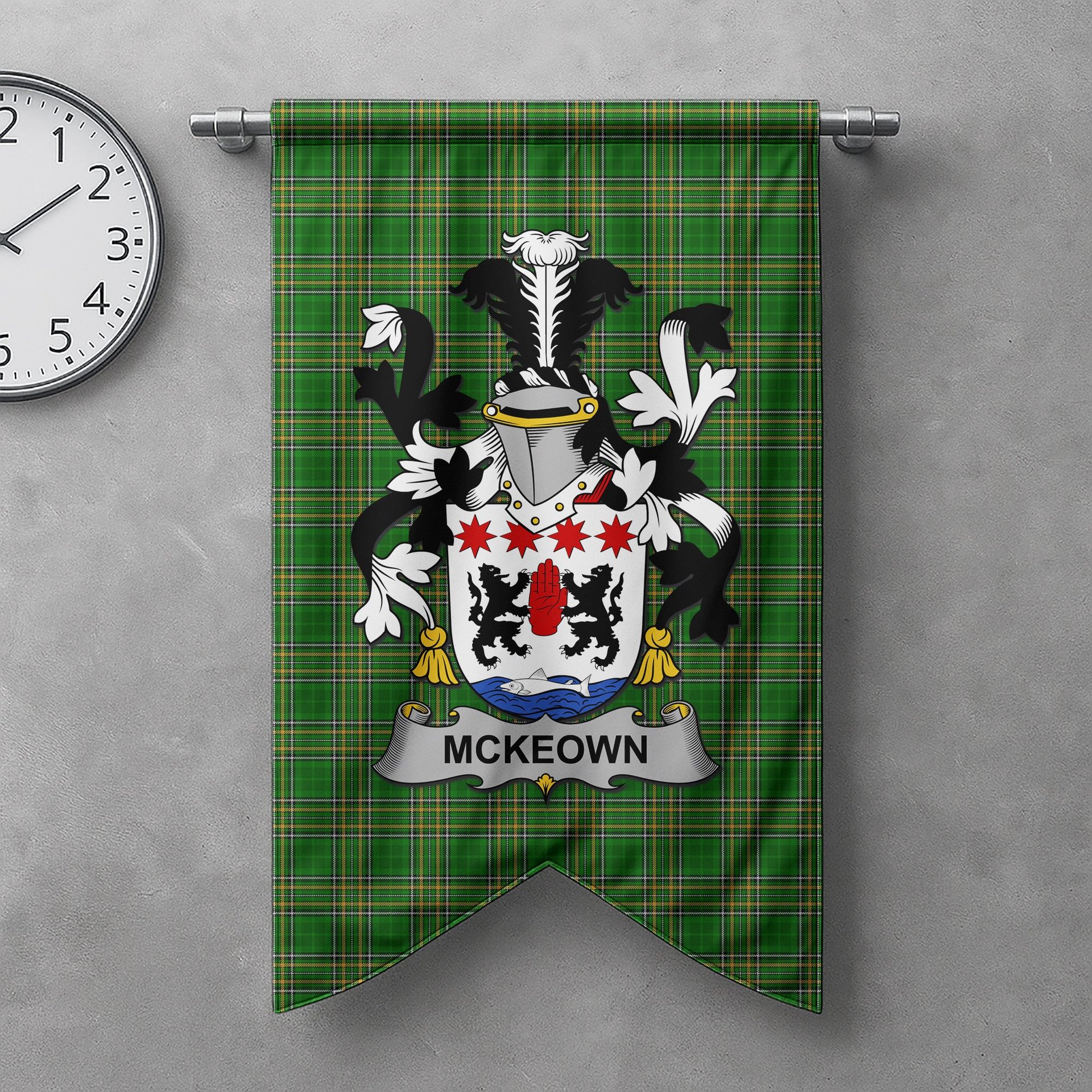 ScotsTee Shop Irish McKeown Clan Coat of Arms Irish Tartan Gonfalon Flag