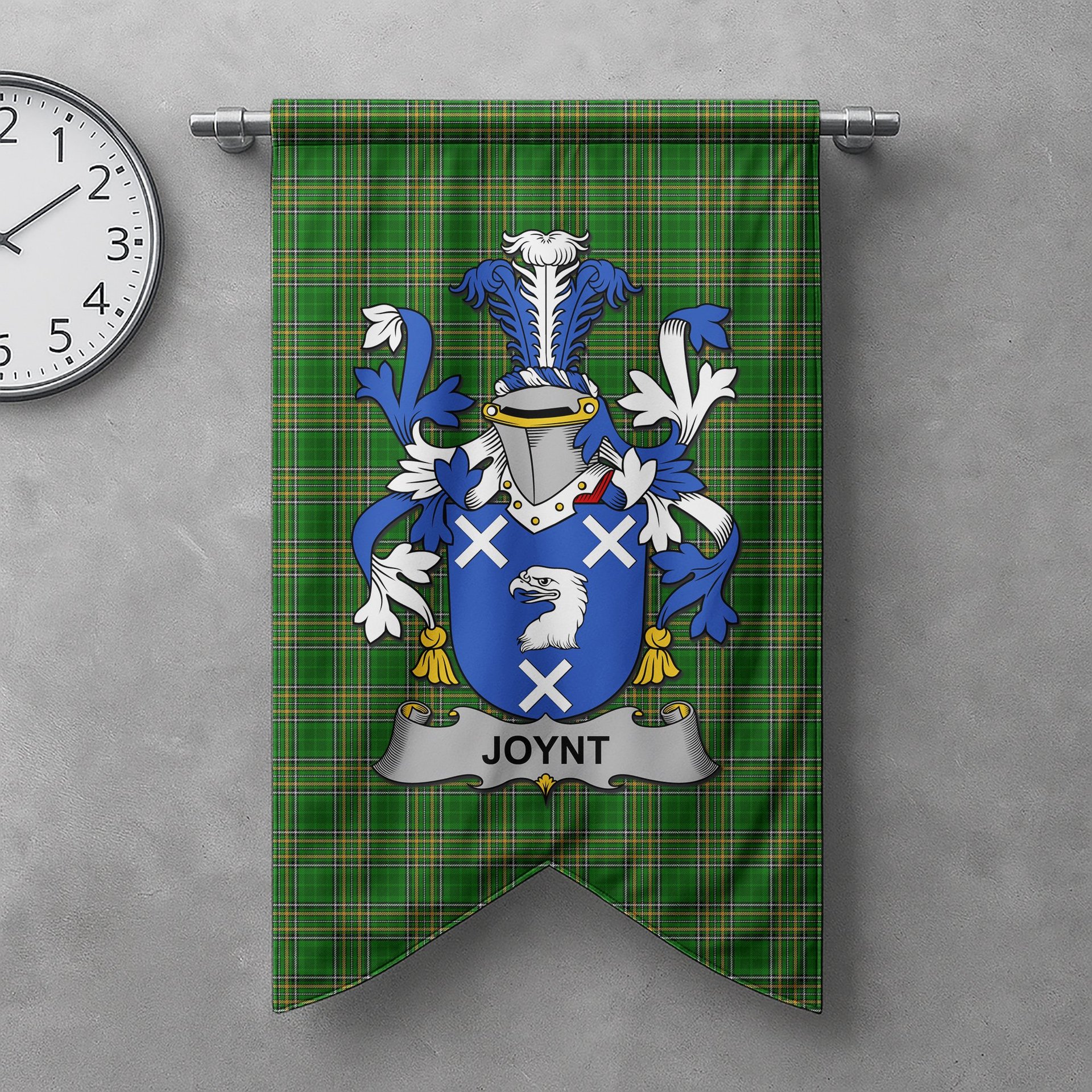 ScotsTee Shop Irish Joynt Clan Coat of Arms Irish Tartan Gonfalon Flag