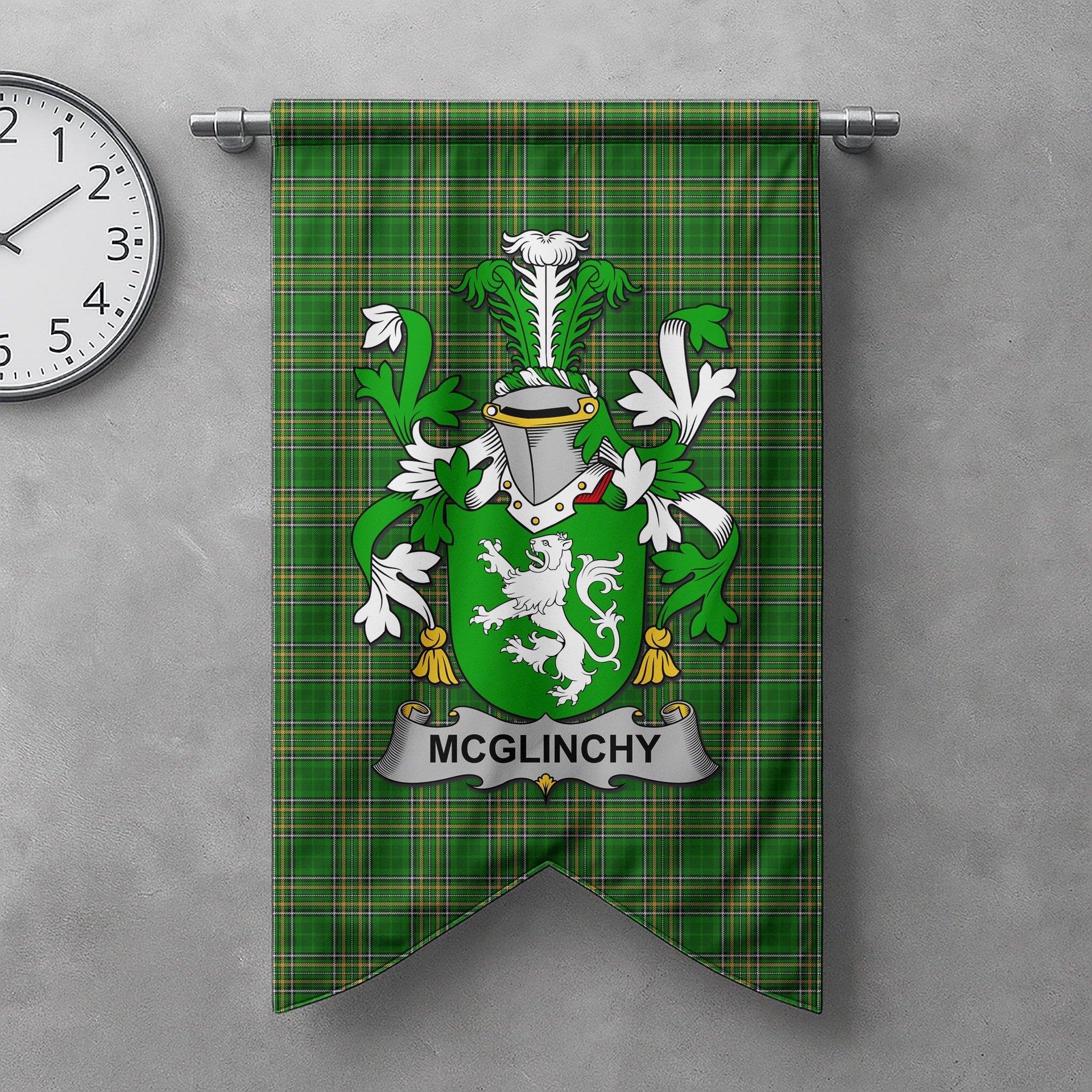 ScotsTee Shop Irish McGlinchy or McGlinchey Clan Coat of Arms Irish Tartan Gonfalon Flag