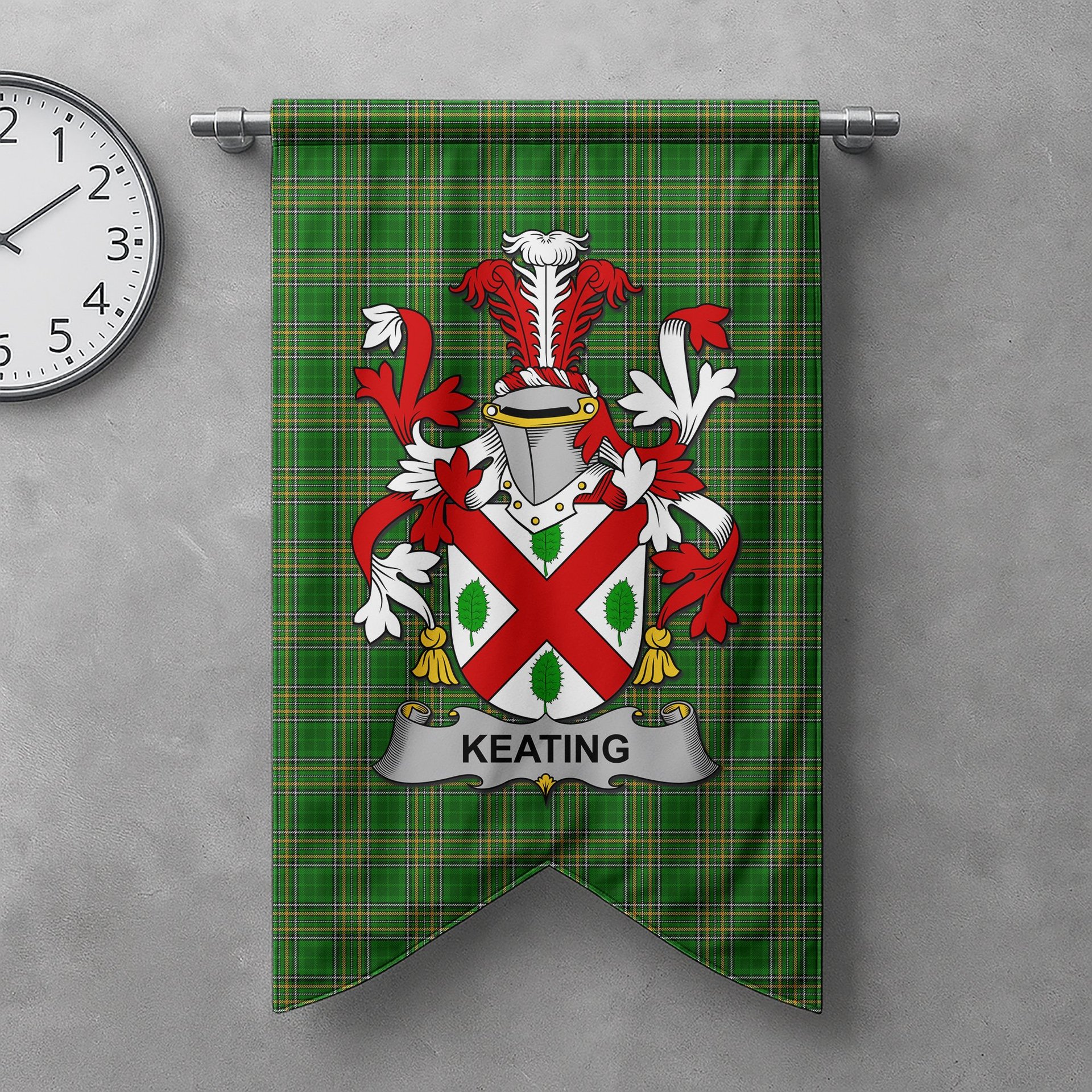 ScotsTee Shop Irish Keating or O'Keaty Clan Coat of Arms Irish Tartan Gonfalon Flag