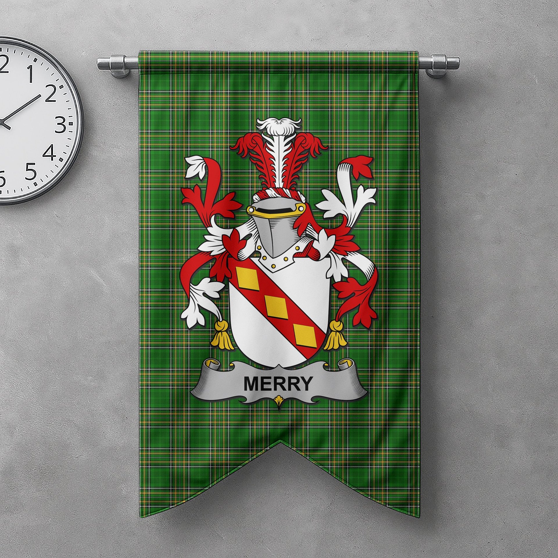ScotsTee Shop Irish Merry or O'Merry Clan Coat of Arms Irish Tartan Gonfalon Flag