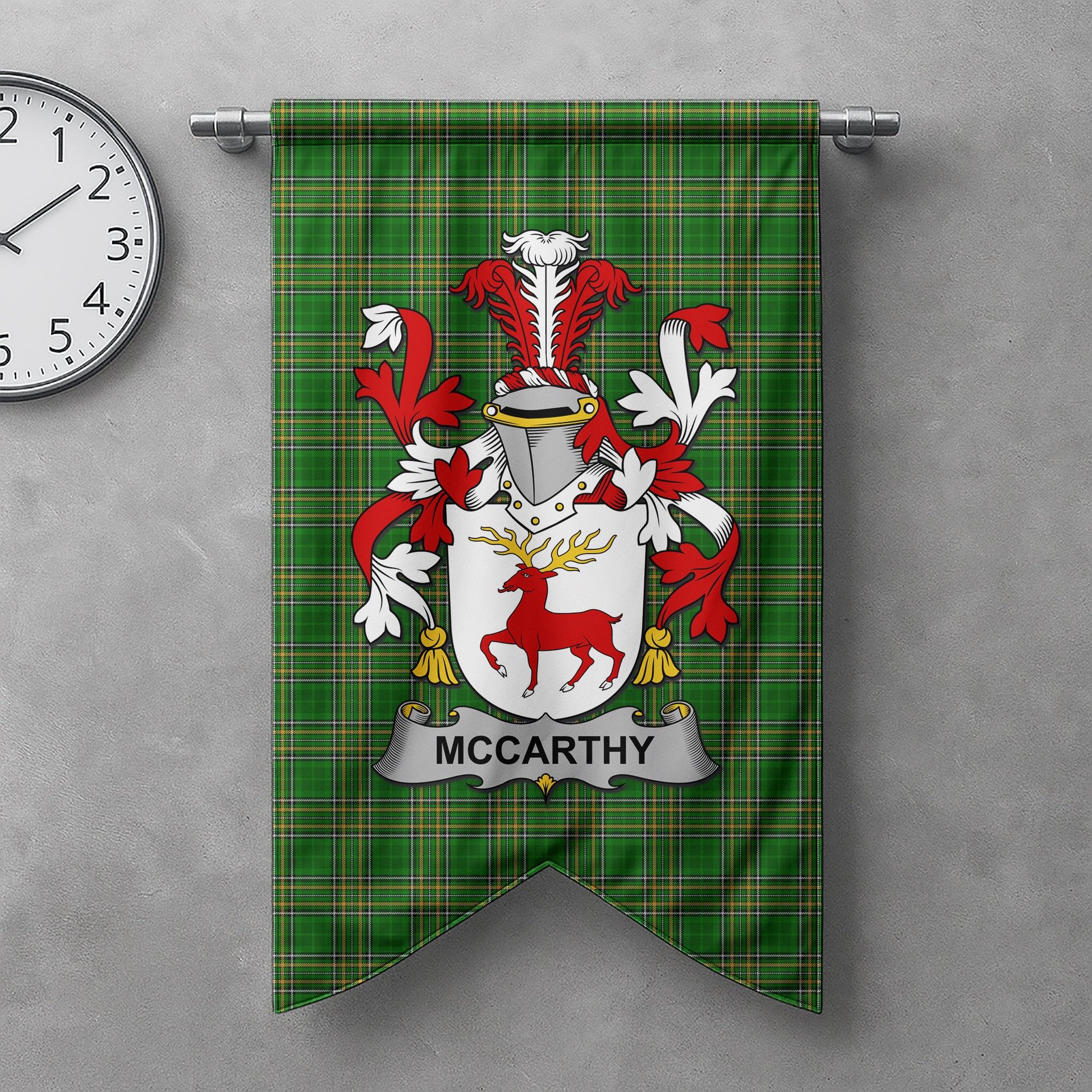 ScotsTee Shop Irish McCarthy Clan Coat of Arms Irish Tartan Gonfalon Flag