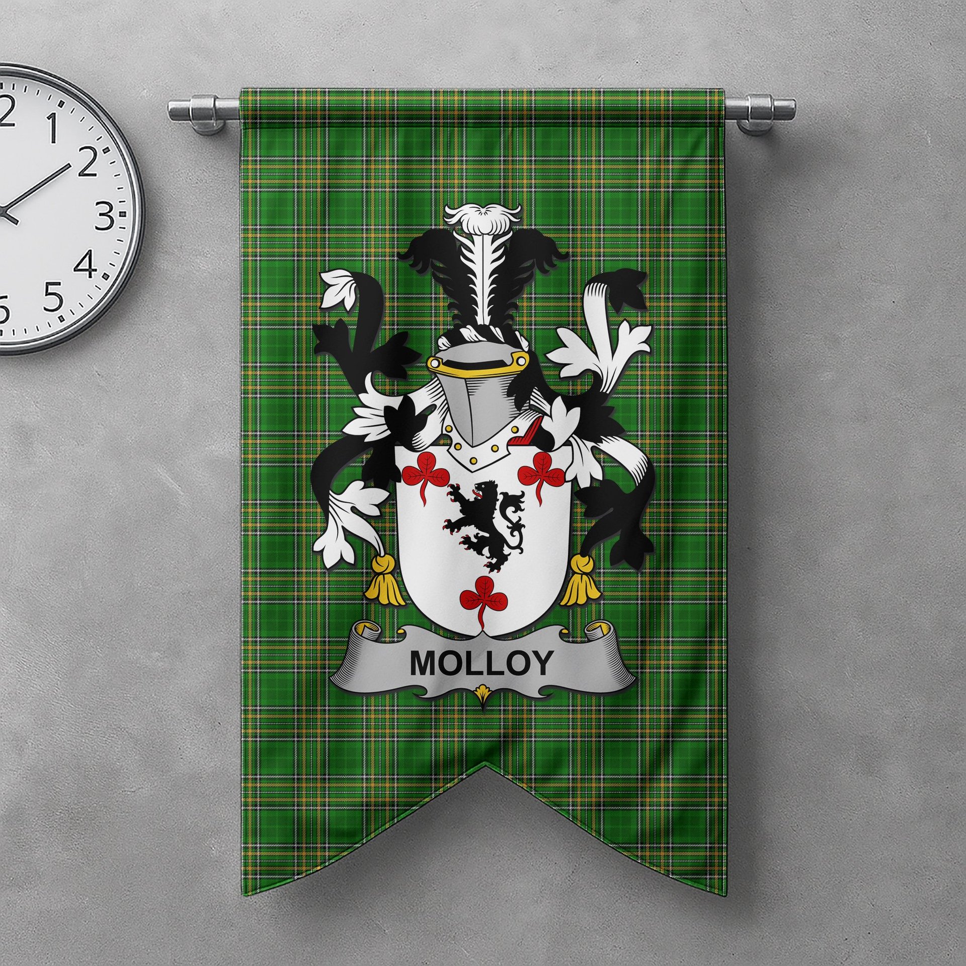 ScotsTee Shop Irish Molloy or O'Mulloy Clan Coat of Arms Irish Tartan Gonfalon Flag