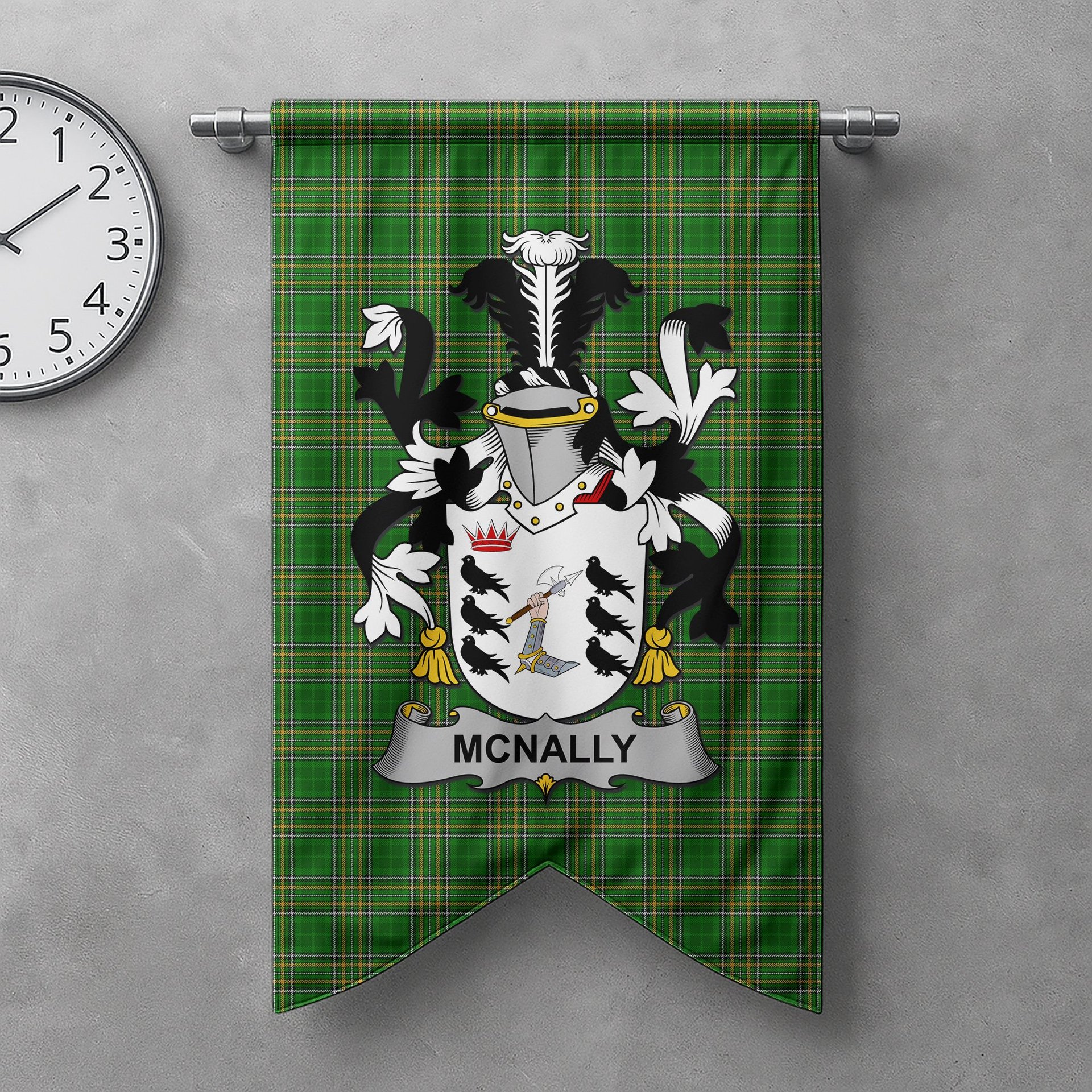 ScotsTee Shop Irish McNally Clan Coat of Arms Irish Tartan Gonfalon Flag