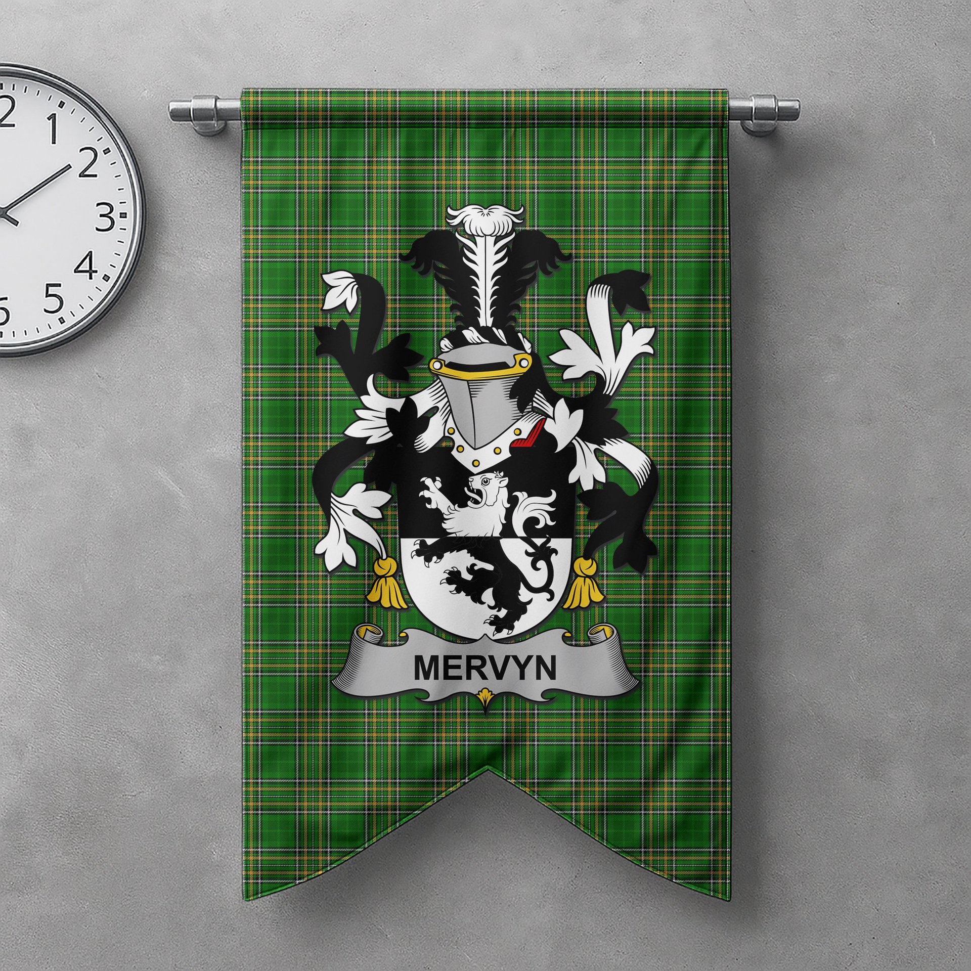 ScotsTee Shop Irish Mervyn Clan Coat of Arms Irish Tartan Gonfalon Flag