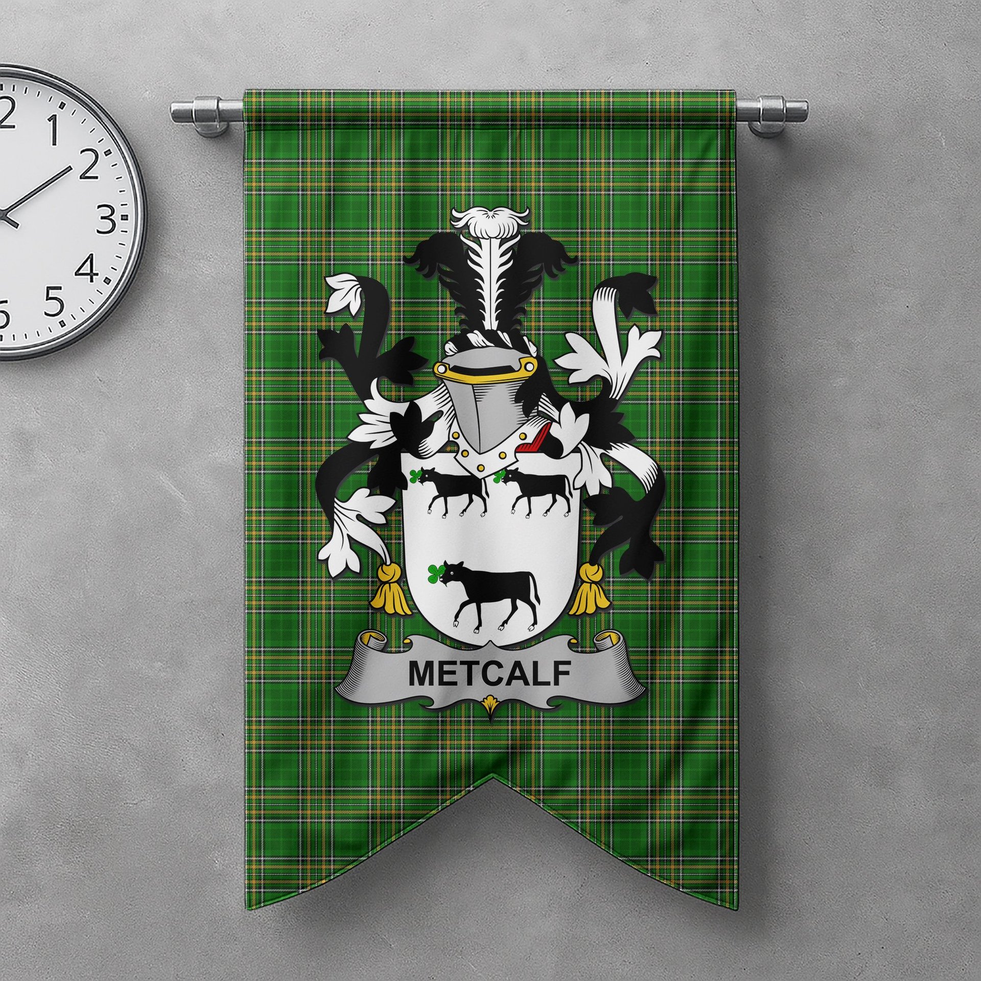ScotsTee Shop Irish Metcalf or Metcalfe Clan Coat of Arms Irish Tartan Gonfalon Flag