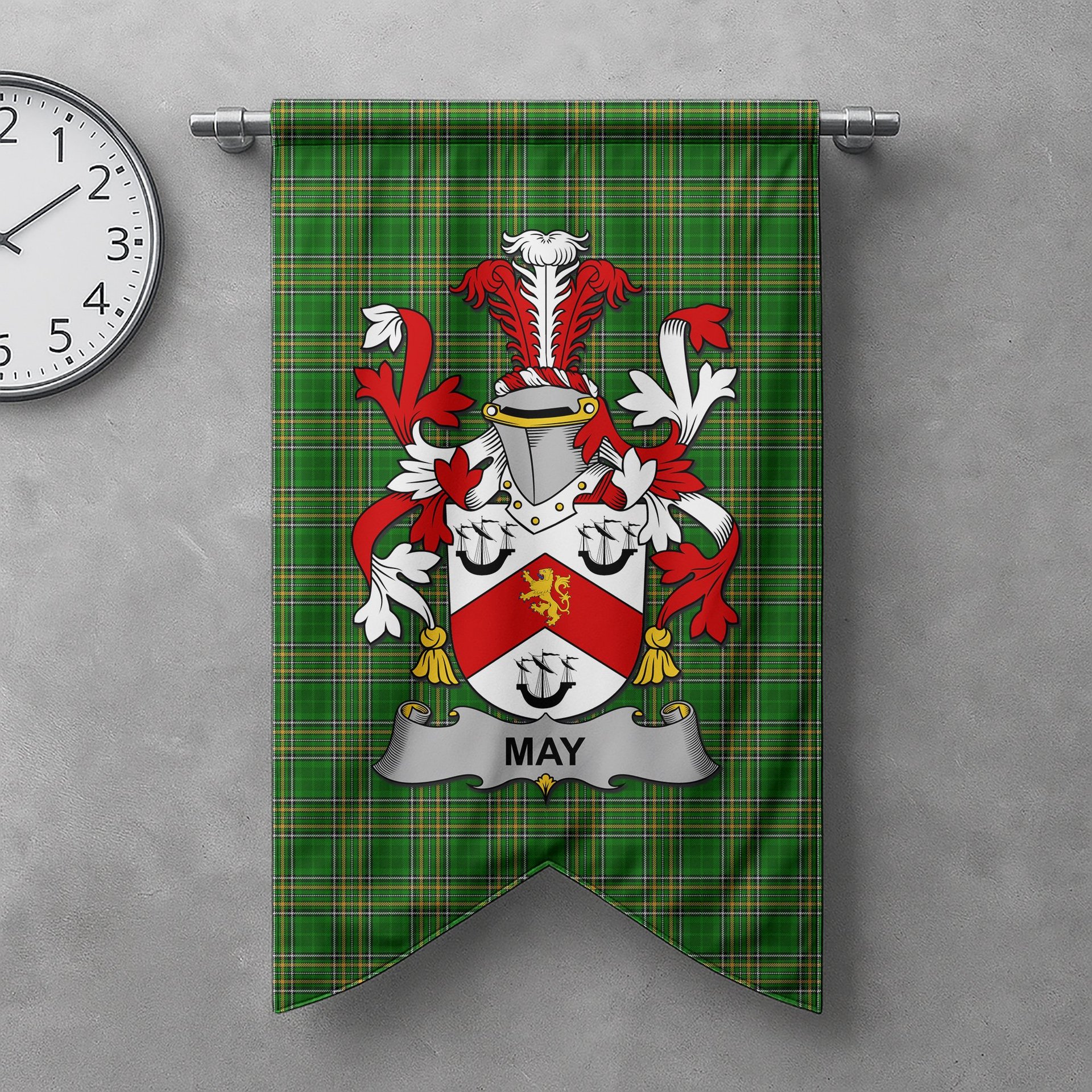 ScotsTee Shop Irish May Clan Coat of Arms Irish Tartan Gonfalon Flag