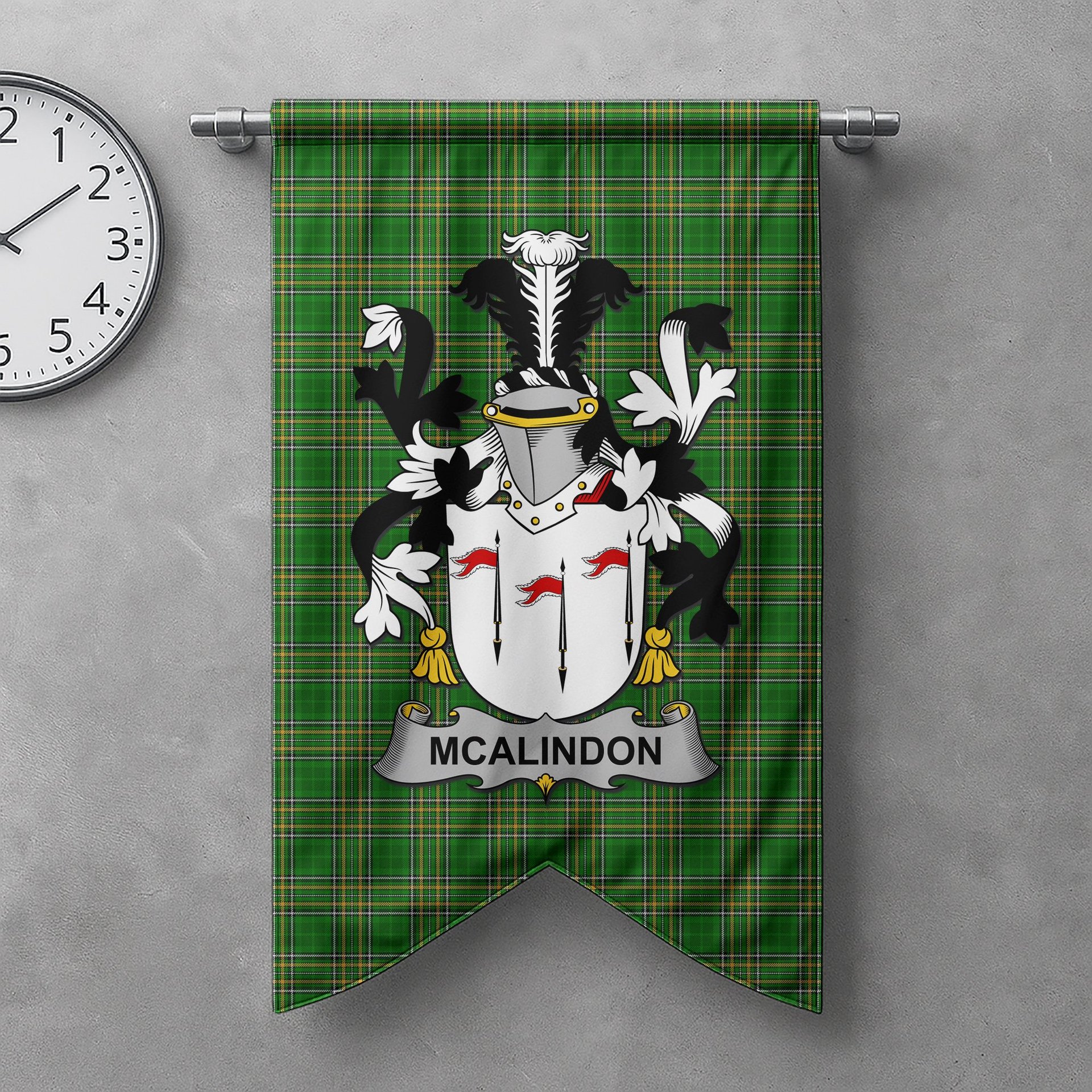 ScotsTee Shop Irish McAlindon or McAlindem Clan Coat of Arms Irish Tartan Gonfalon Flag