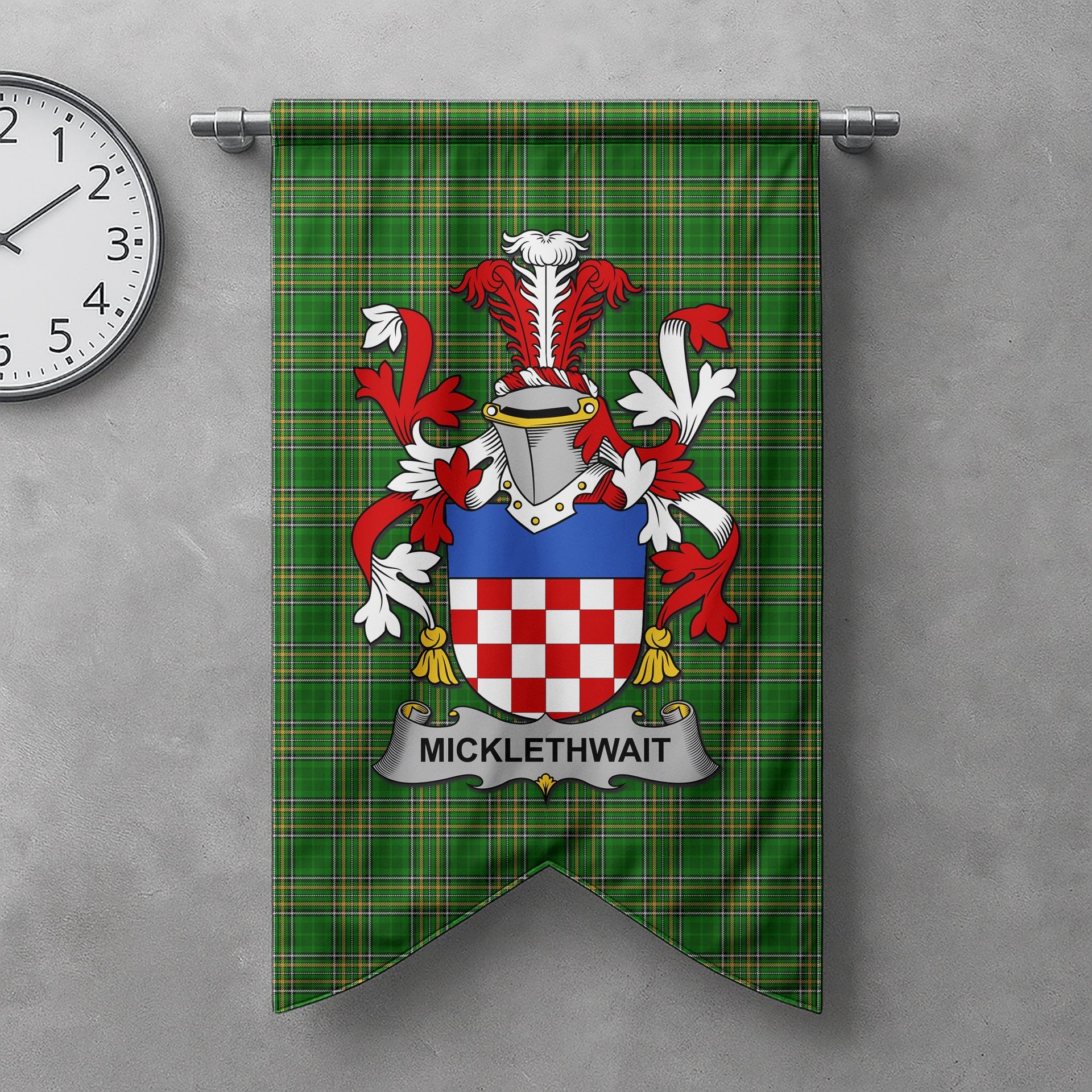 ScotsTee Shop Irish Micklethwait Clan Coat of Arms Irish Tartan Gonfalon Flag