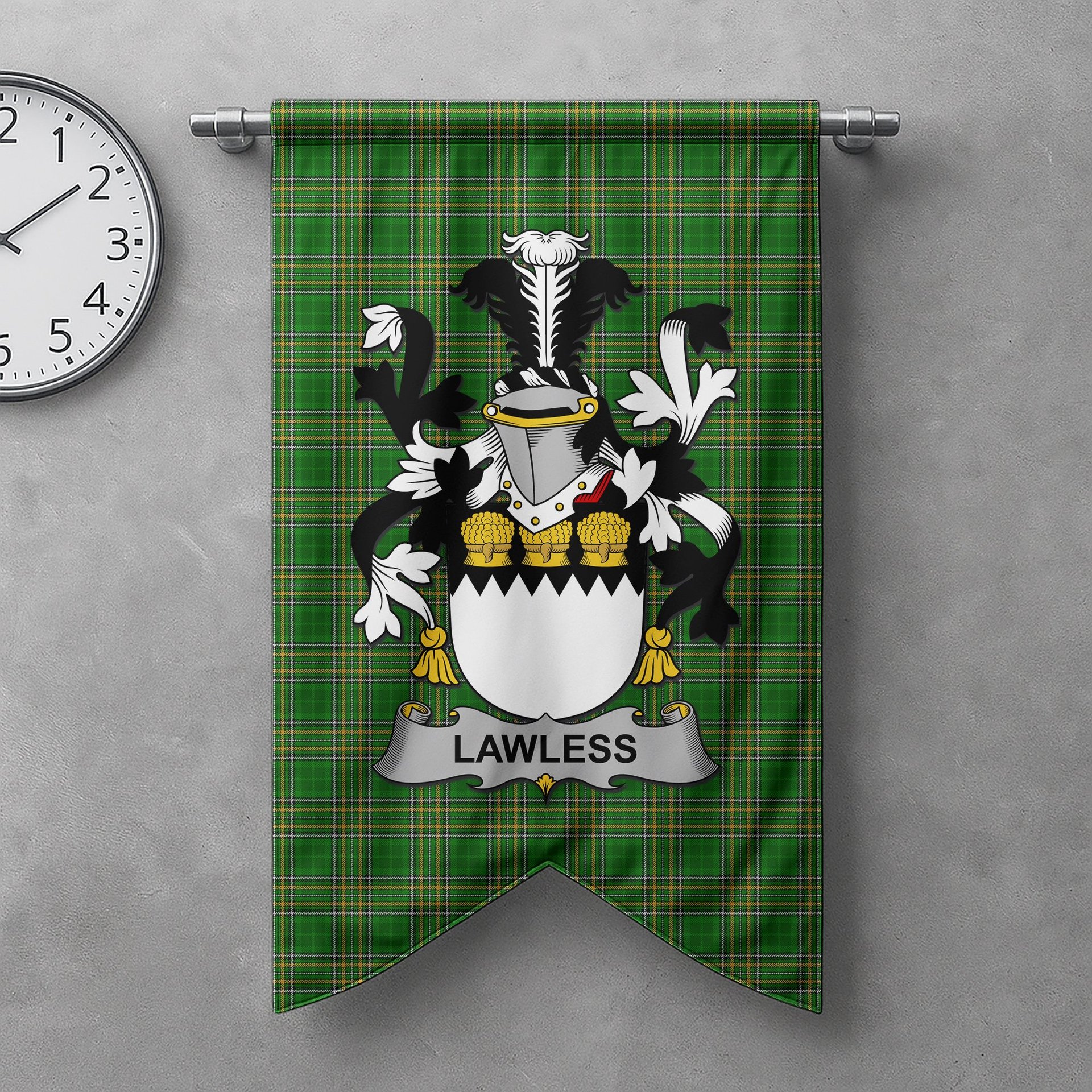 ScotsTee Shop Irish Lawless Clan Coat of Arms Irish Tartan Gonfalon Flag
