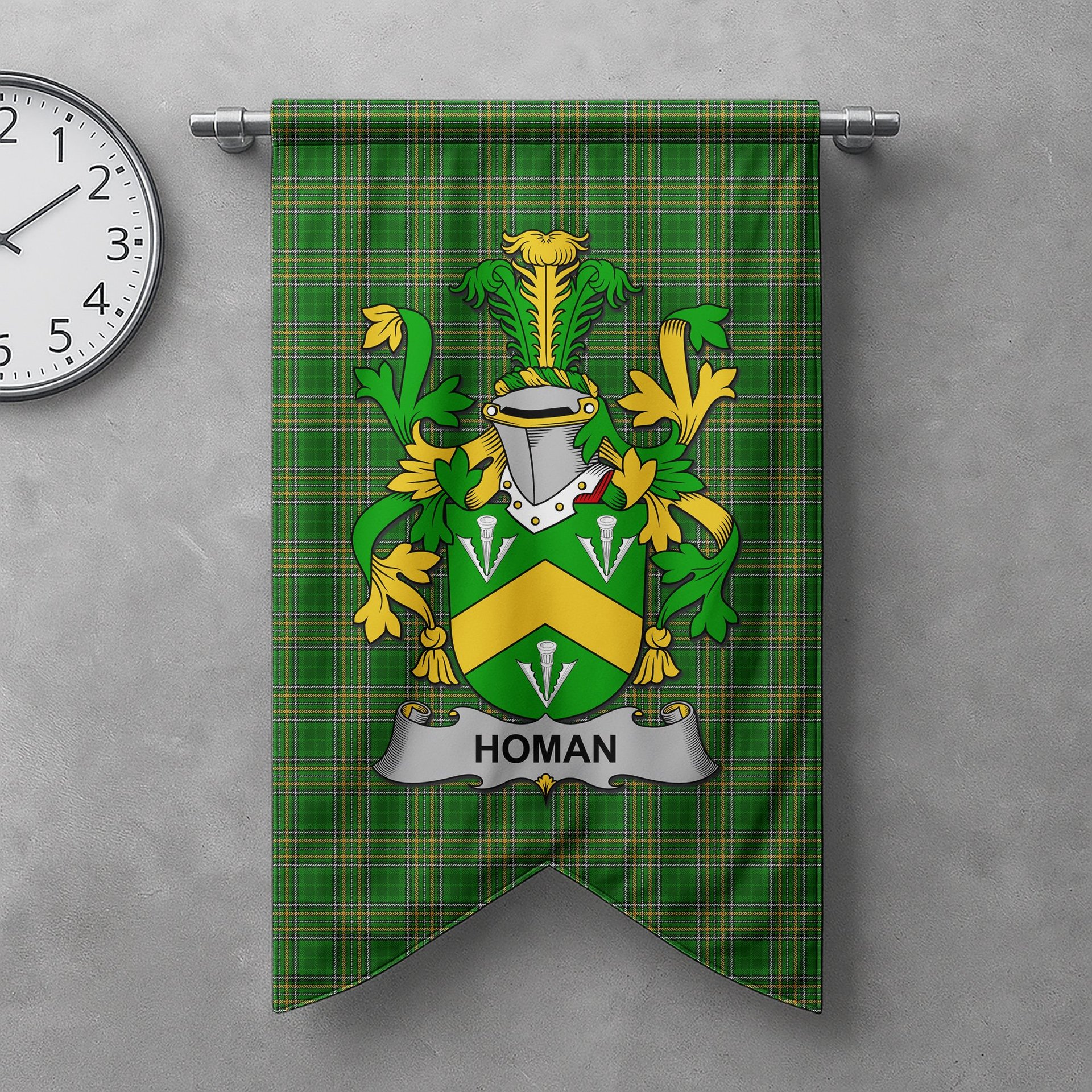 ScotsTee Shop Irish Homan or Howman Clan Coat of Arms Irish Tartan Gonfalon Flag