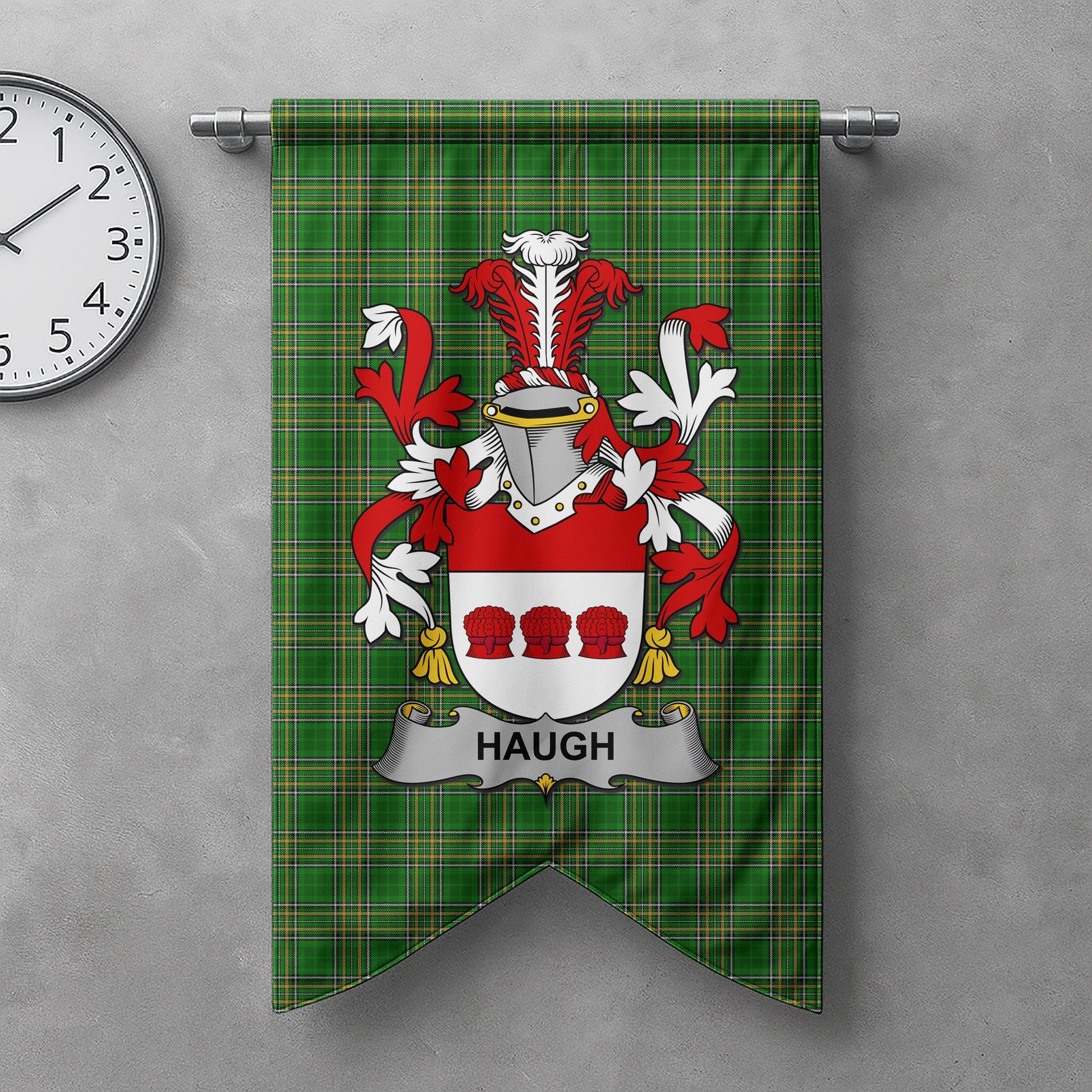 ScotsTee Shop Irish Haugh or O'Hough Clan Coat of Arms Irish Tartan Gonfalon Flag