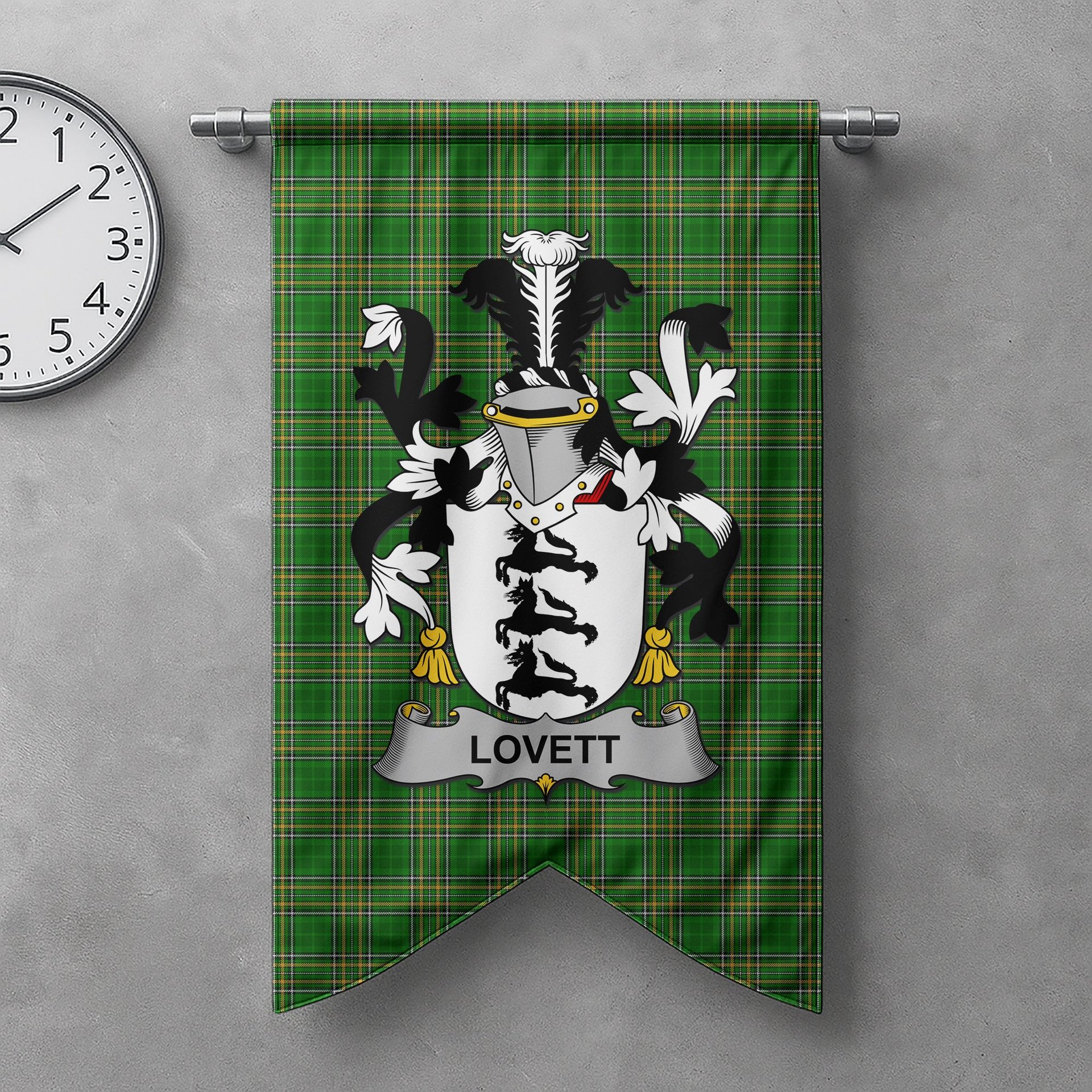 ScotsTee Shop Irish Lovett Clan Coat of Arms Irish Tartan Gonfalon Flag