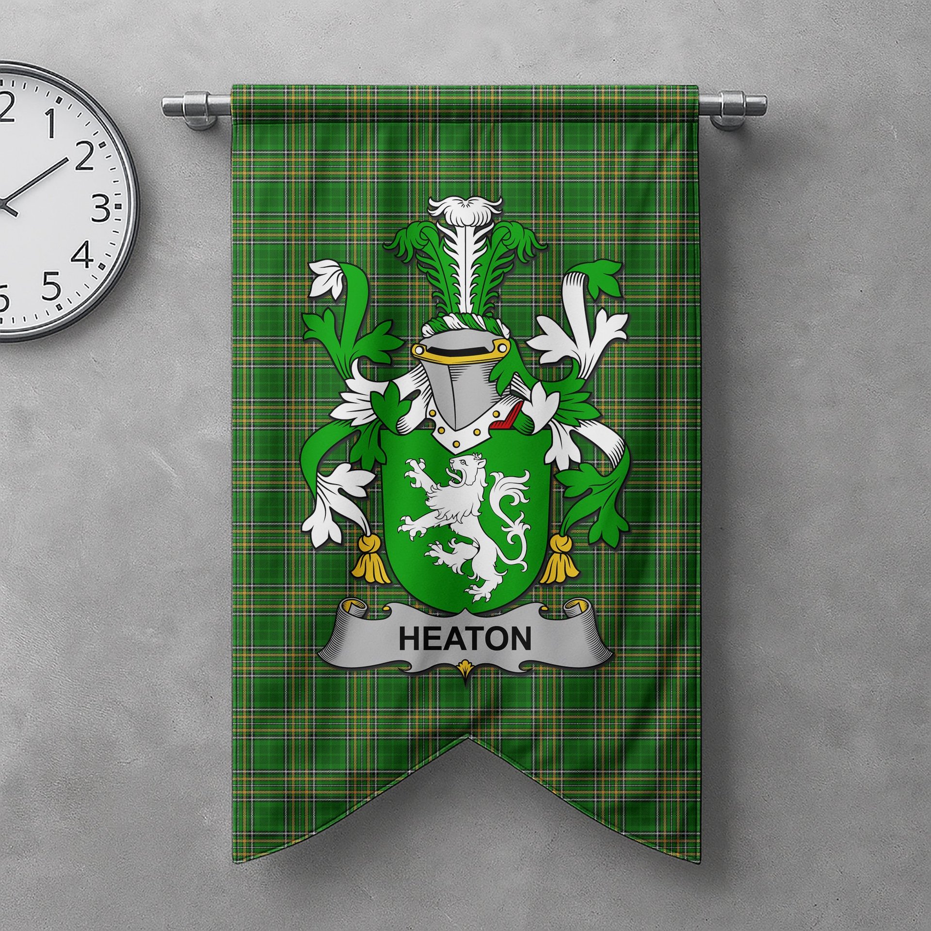 ScotsTee Shop Irish Heaton Clan Coat of Arms Irish Tartan Gonfalon Flag