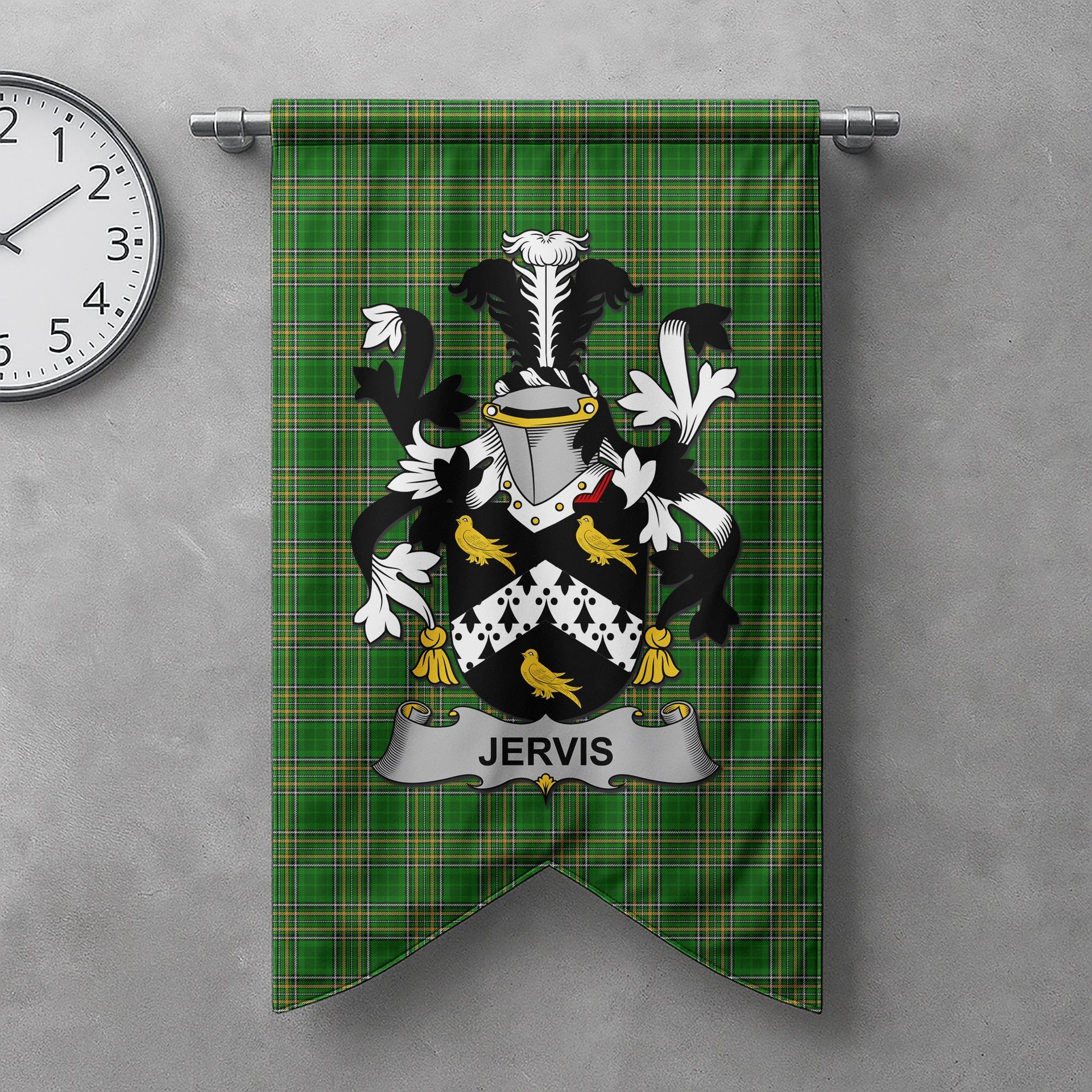 ScotsTee Shop Irish Jervis or Jarvis Clan Coat of Arms Irish Tartan Gonfalon Flag