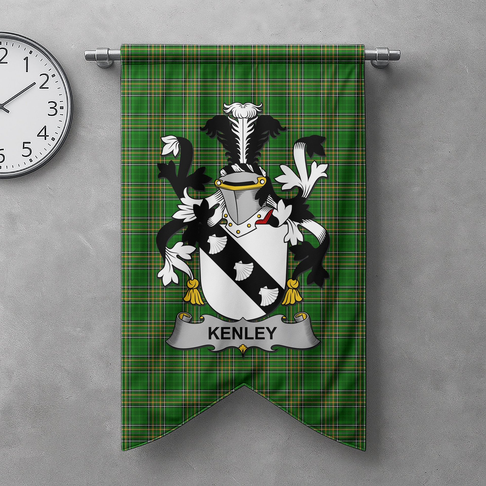 ScotsTee Shop Irish Kenley Clan Coat of Arms Irish Tartan Gonfalon Flag