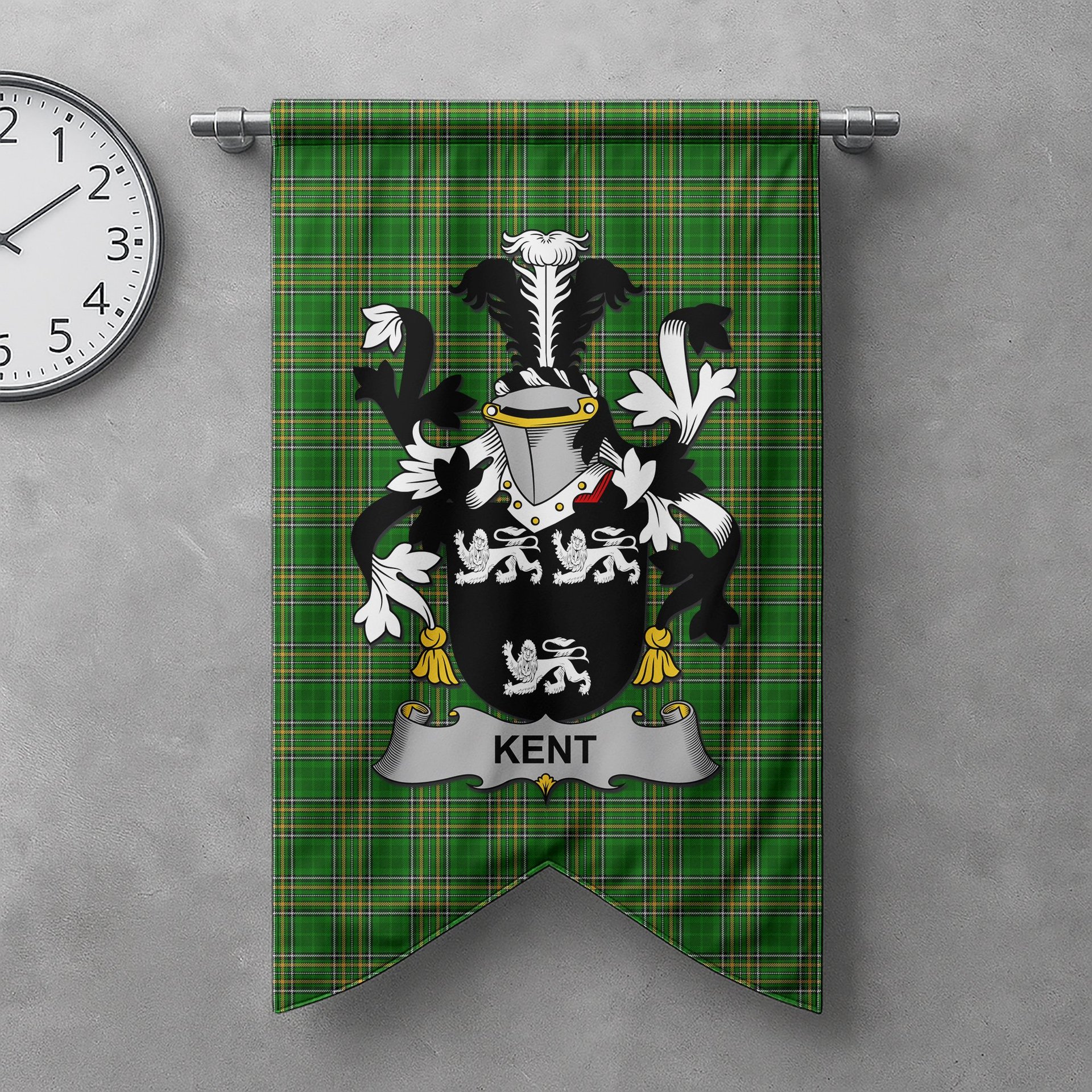 ScotsTee Shop Irish Kent Clan Coat of Arms Irish Tartan Gonfalon Flag