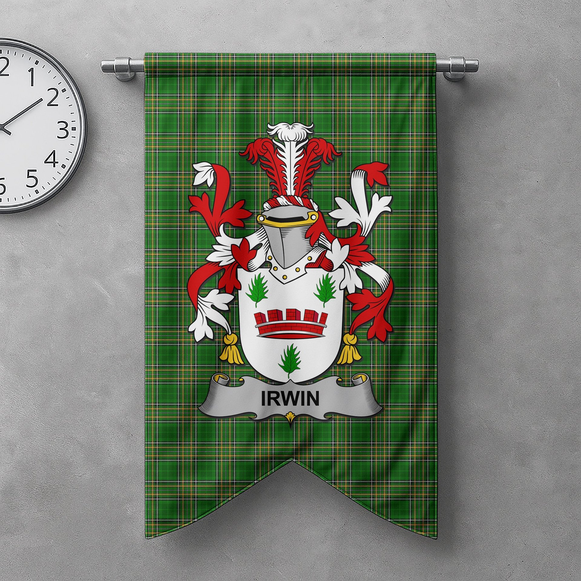 ScotsTee Shop Irish Irwin Clan Coat of Arms Irish Tartan Gonfalon Flag