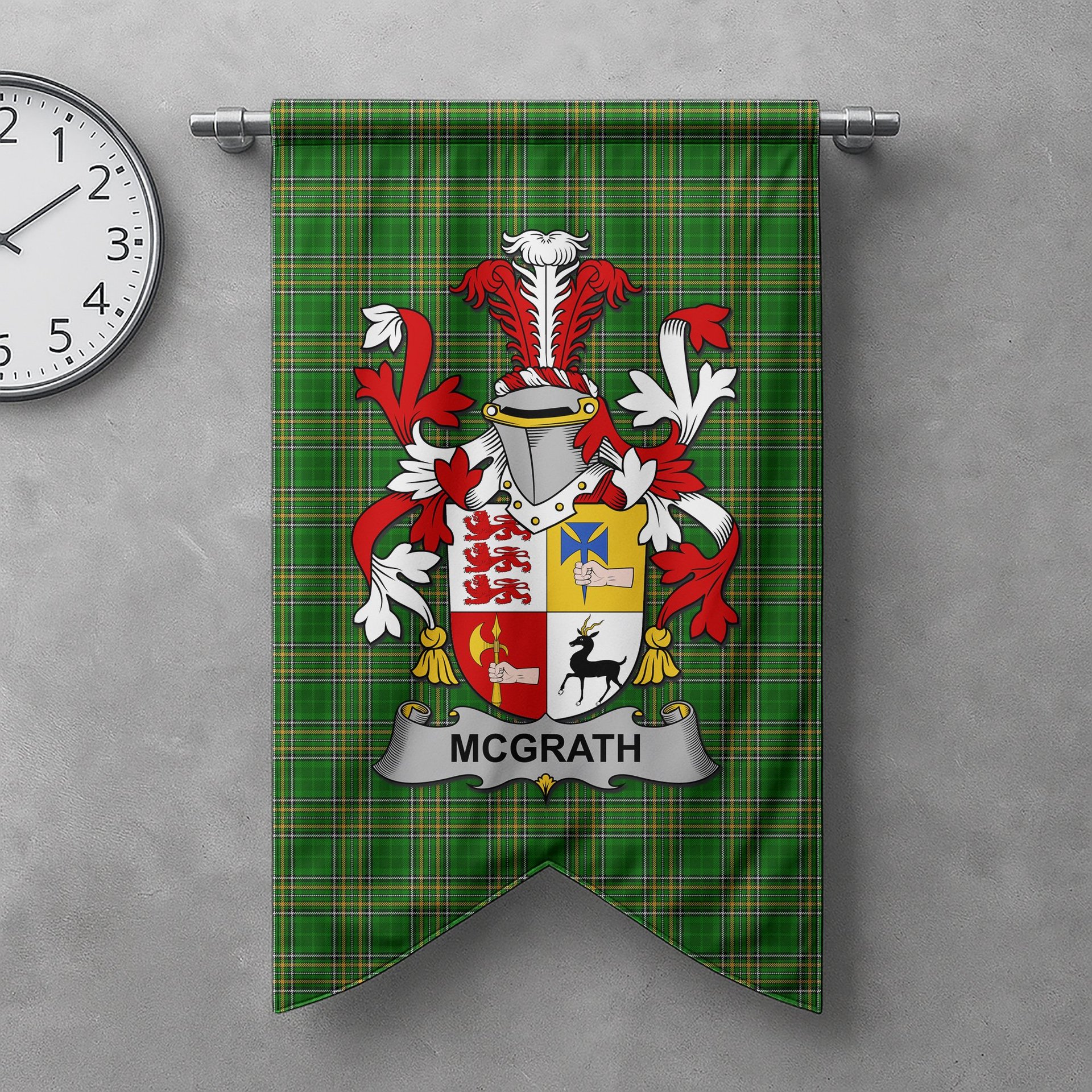 ScotsTee Shop Irish McGrath or McGraw Clan Coat of Arms Irish Tartan Gonfalon Flag