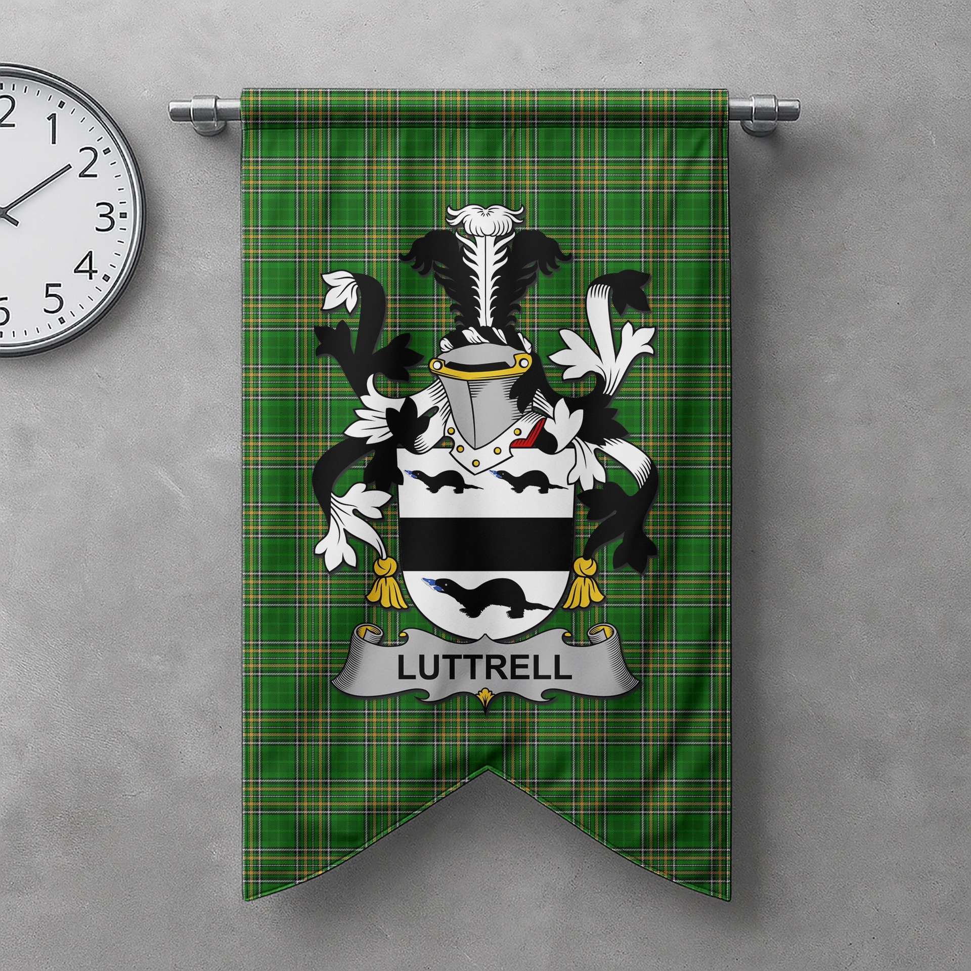 ScotsTee Shop Irish Luttrell Clan Coat of Arms Irish Tartan Gonfalon Flag