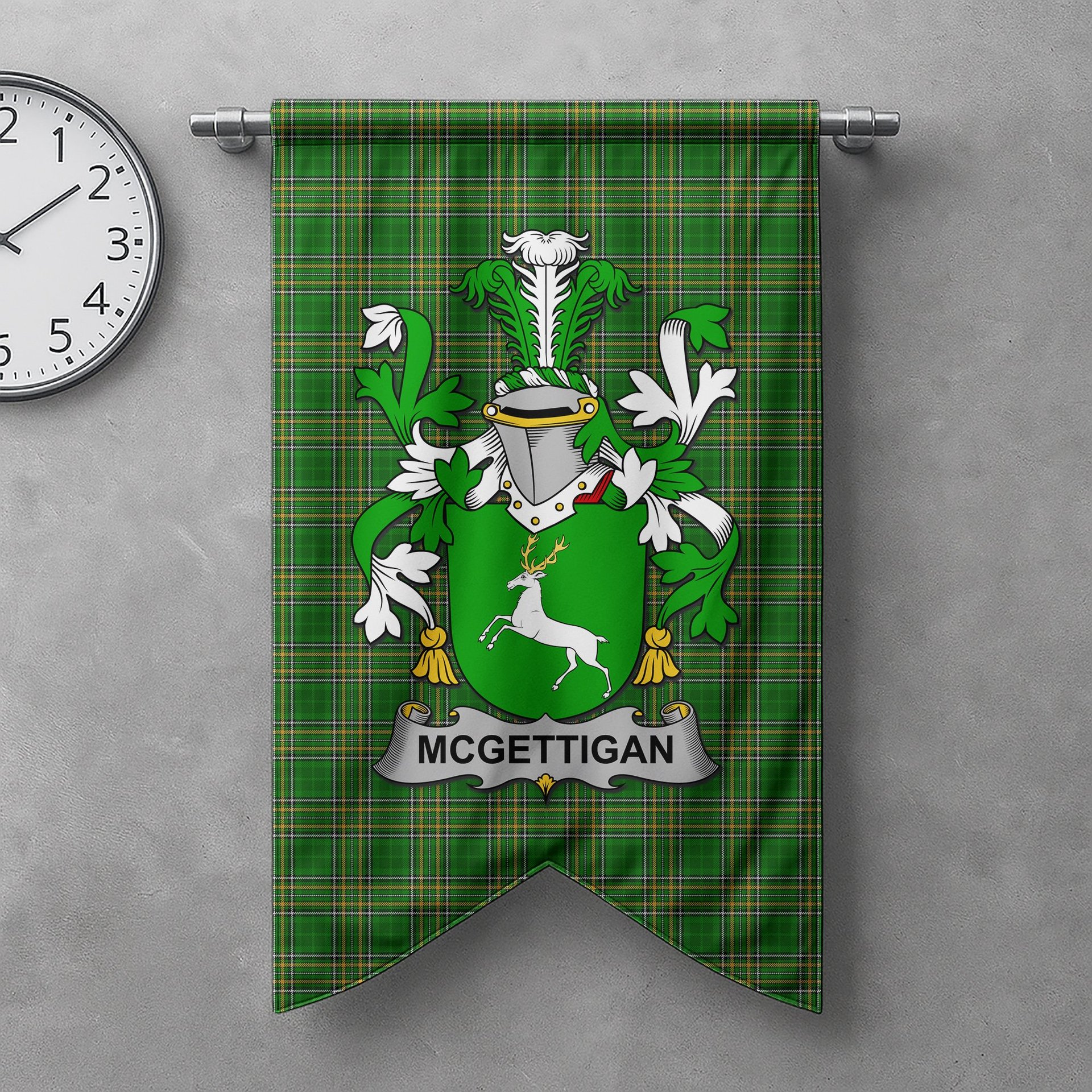 ScotsTee Shop Irish McGettigan or Gethin Clan Coat of Arms Irish Tartan Gonfalon Flag