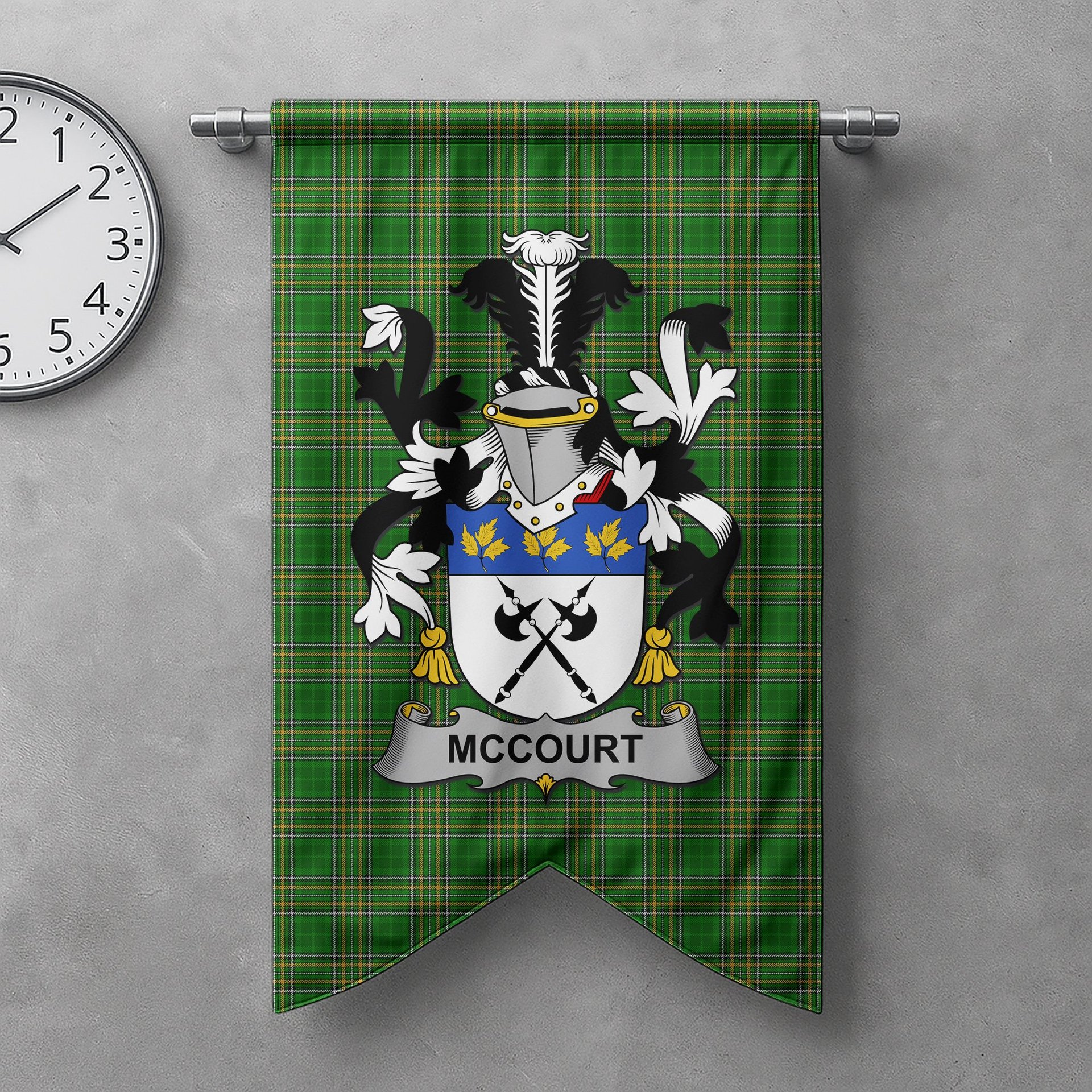 ScotsTee Shop Irish McCourt Clan Coat of Arms Irish Tartan Gonfalon Flag