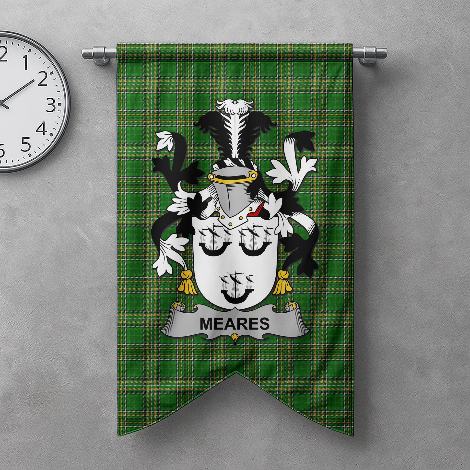 ScotsTee Shop Irish Meares Clan Coat of Arms Irish Tartan Gonfalon Flag