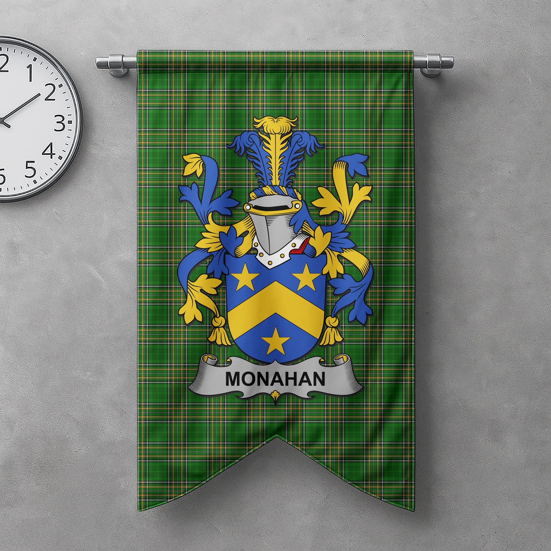 ScotsTee Shop Irish Monahan or O'Monaghan Clan Coat of Arms Irish Tartan Gonfalon Flag